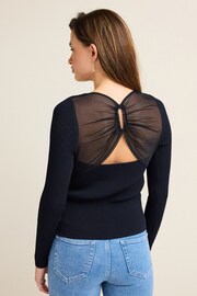 Navy Blue Mesh Detail Ribbed Knitted Top - Image 3 of 6