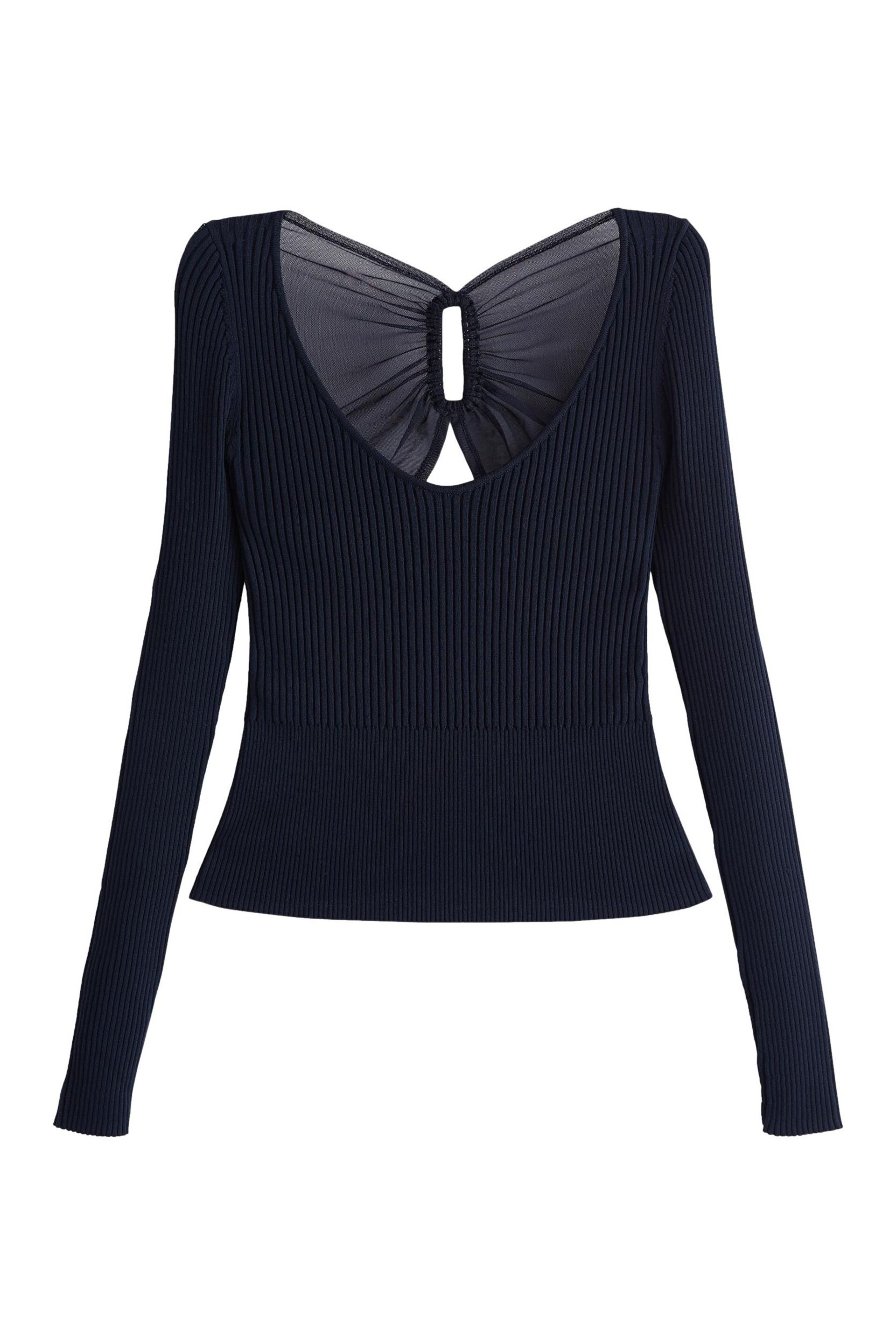 Navy Blue Mesh Detail Ribbed Knitted Top - Image 5 of 6