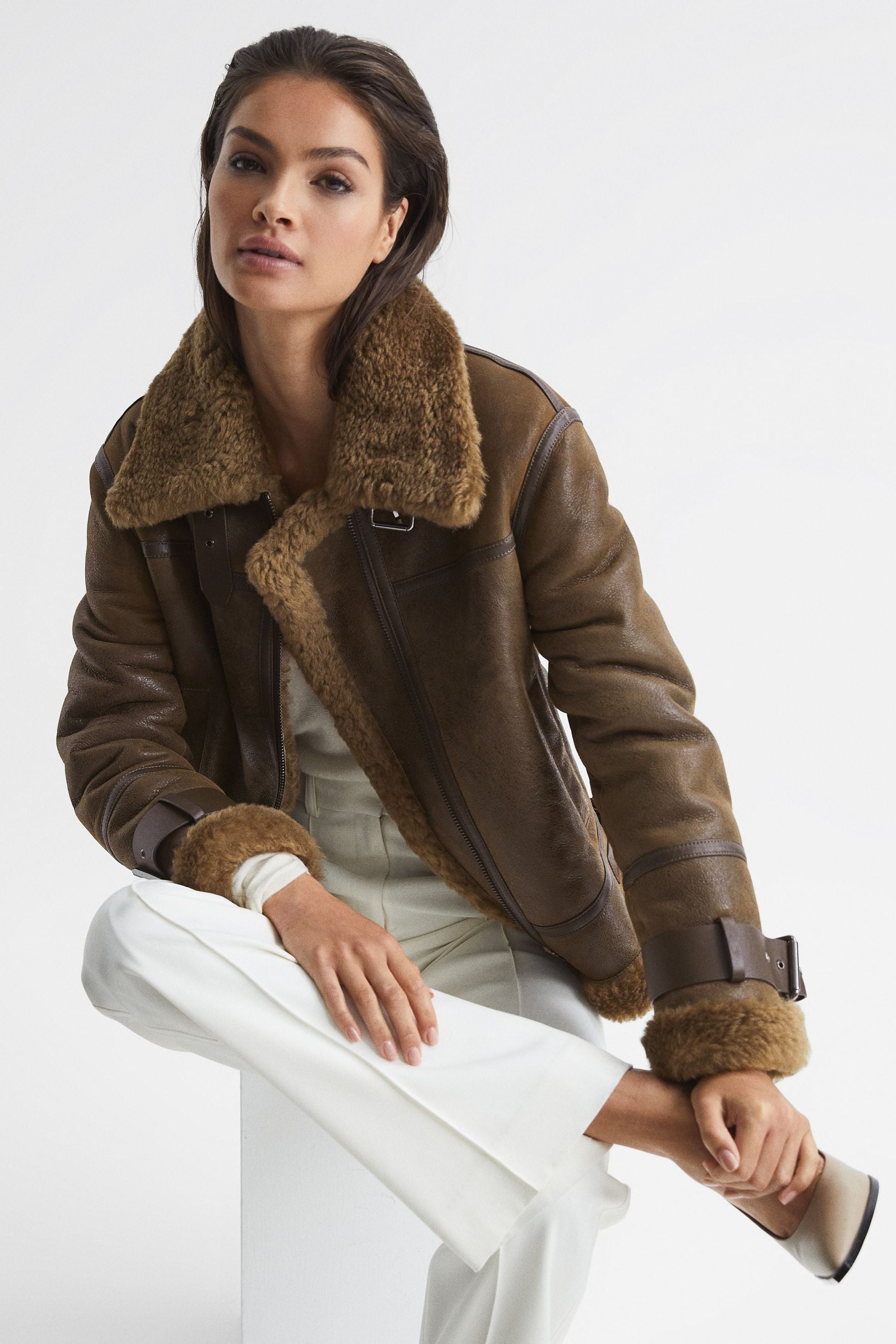 Buy Reiss Brown Daia Aviator Leather Jacket from the Next UK online shop