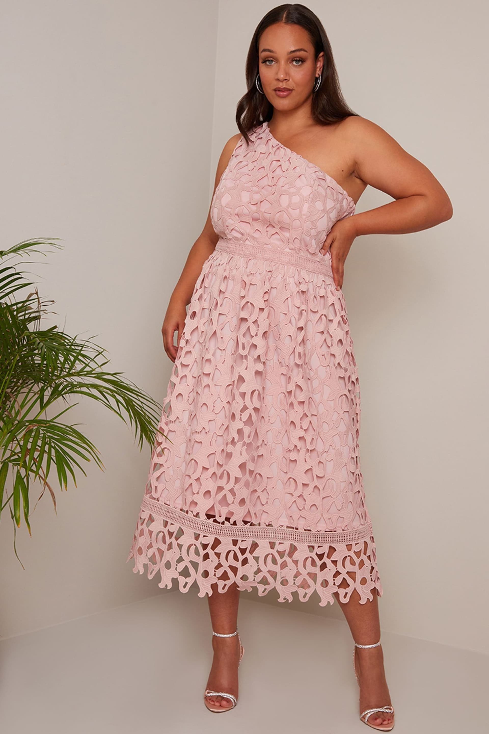 Chi Chi London Pink Curve One Shoulder Premium Lace Midi Dress - Image 1 of 4