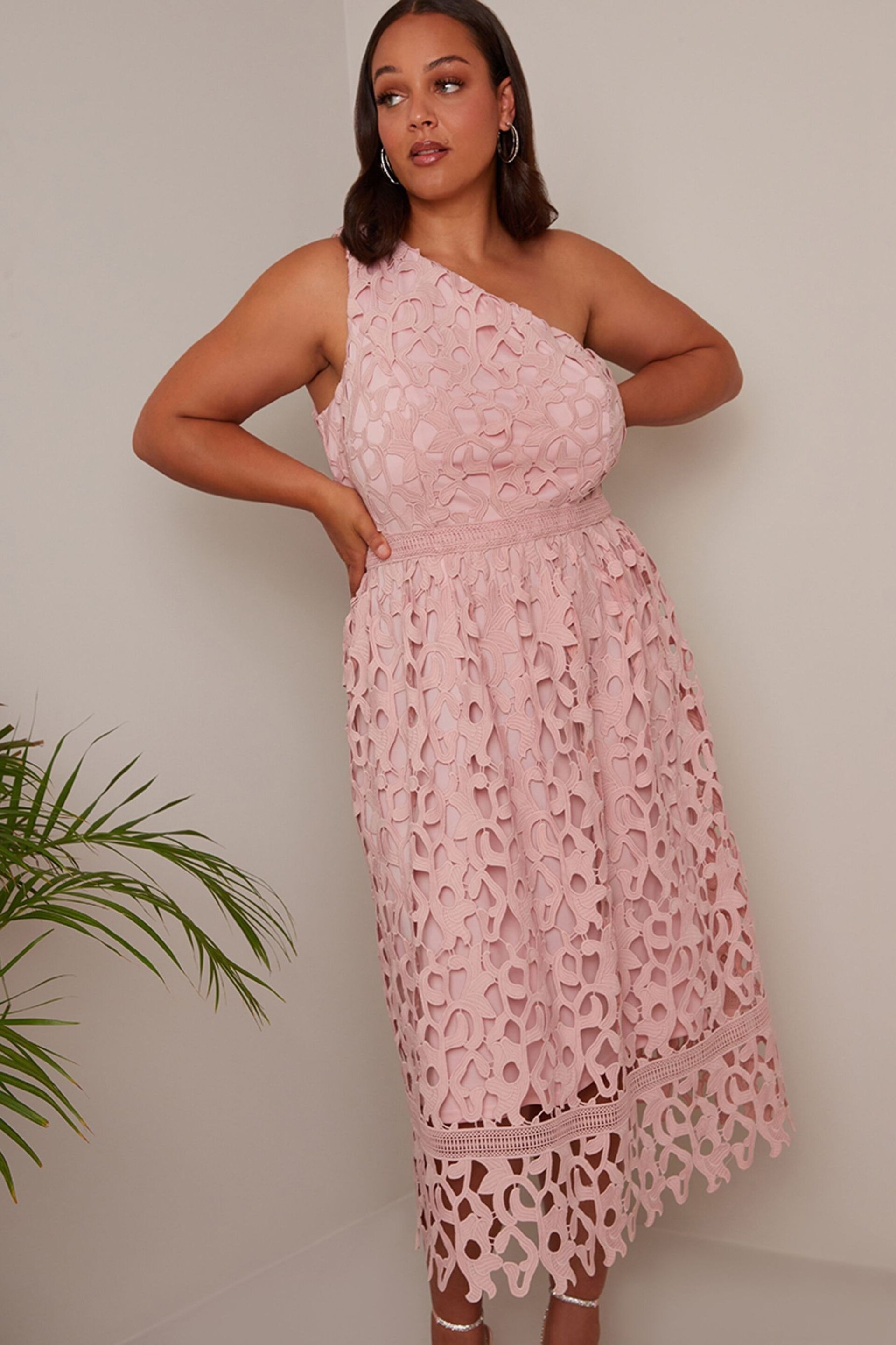 Chi Chi London Pink Curve One Shoulder Premium Lace Midi Dress - Image 3 of 4