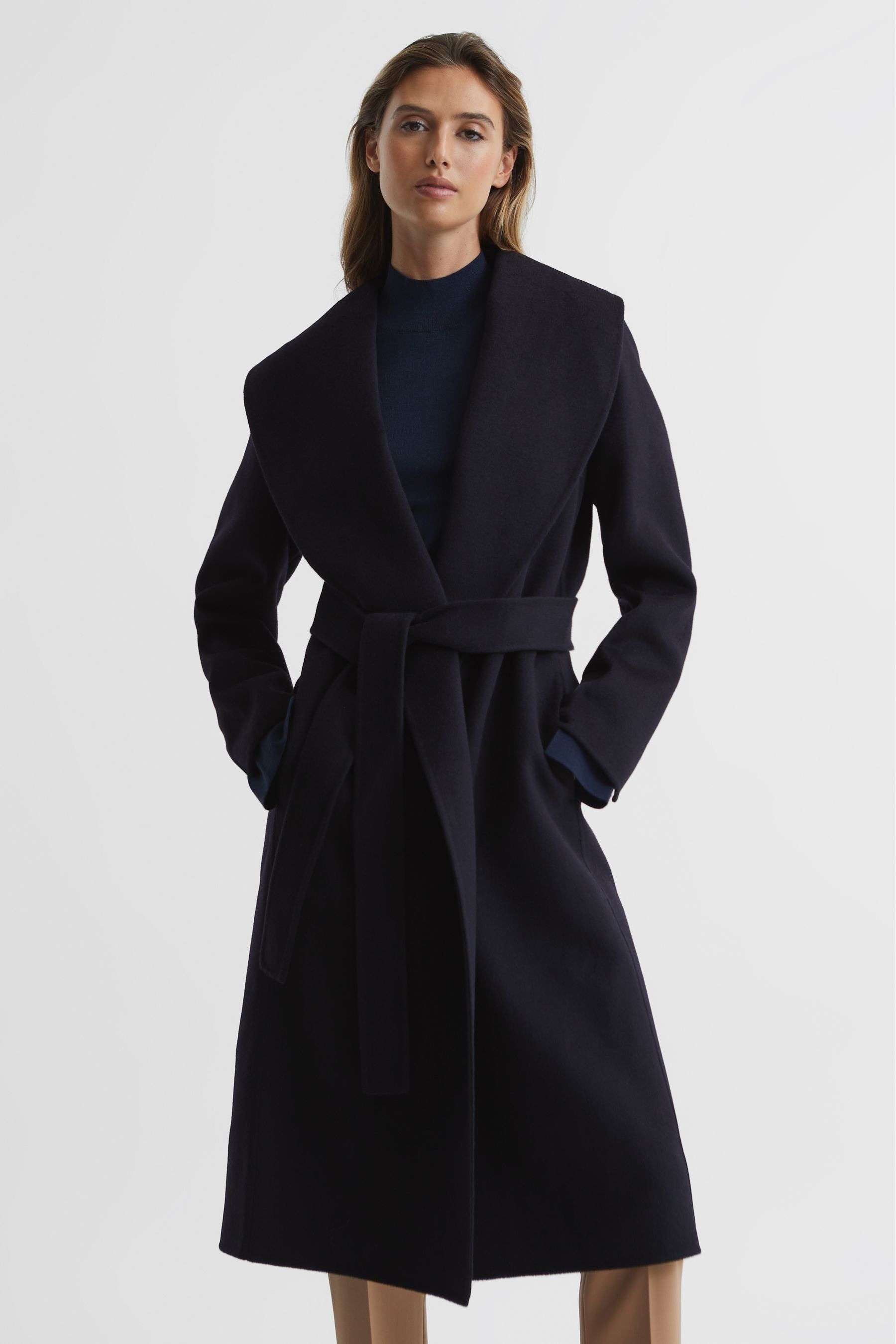 Buy Reiss Navy Freja Shawl Collar Blindseam Long Coat from the Next UK online shop