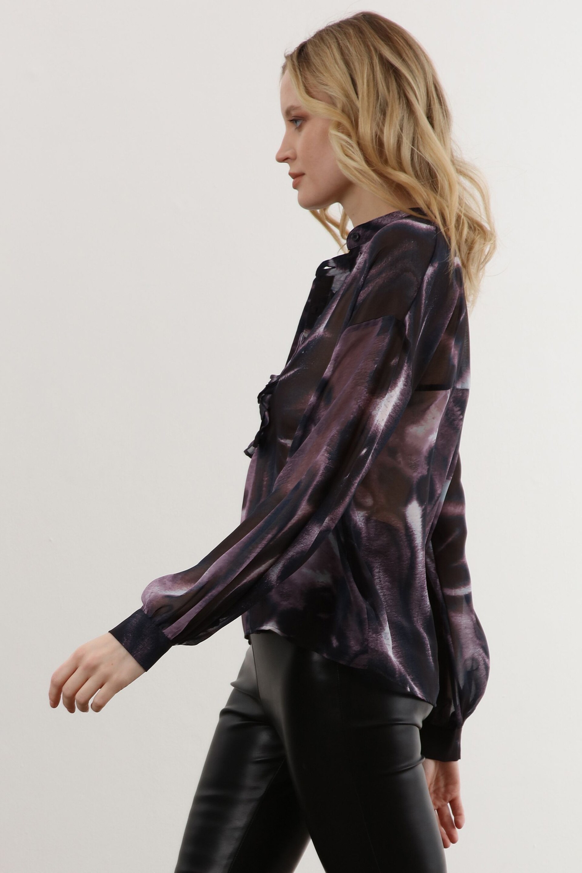 Religion Purple Sheer Ruffle Shirt In Beautiful Prints - Image 3 of 7