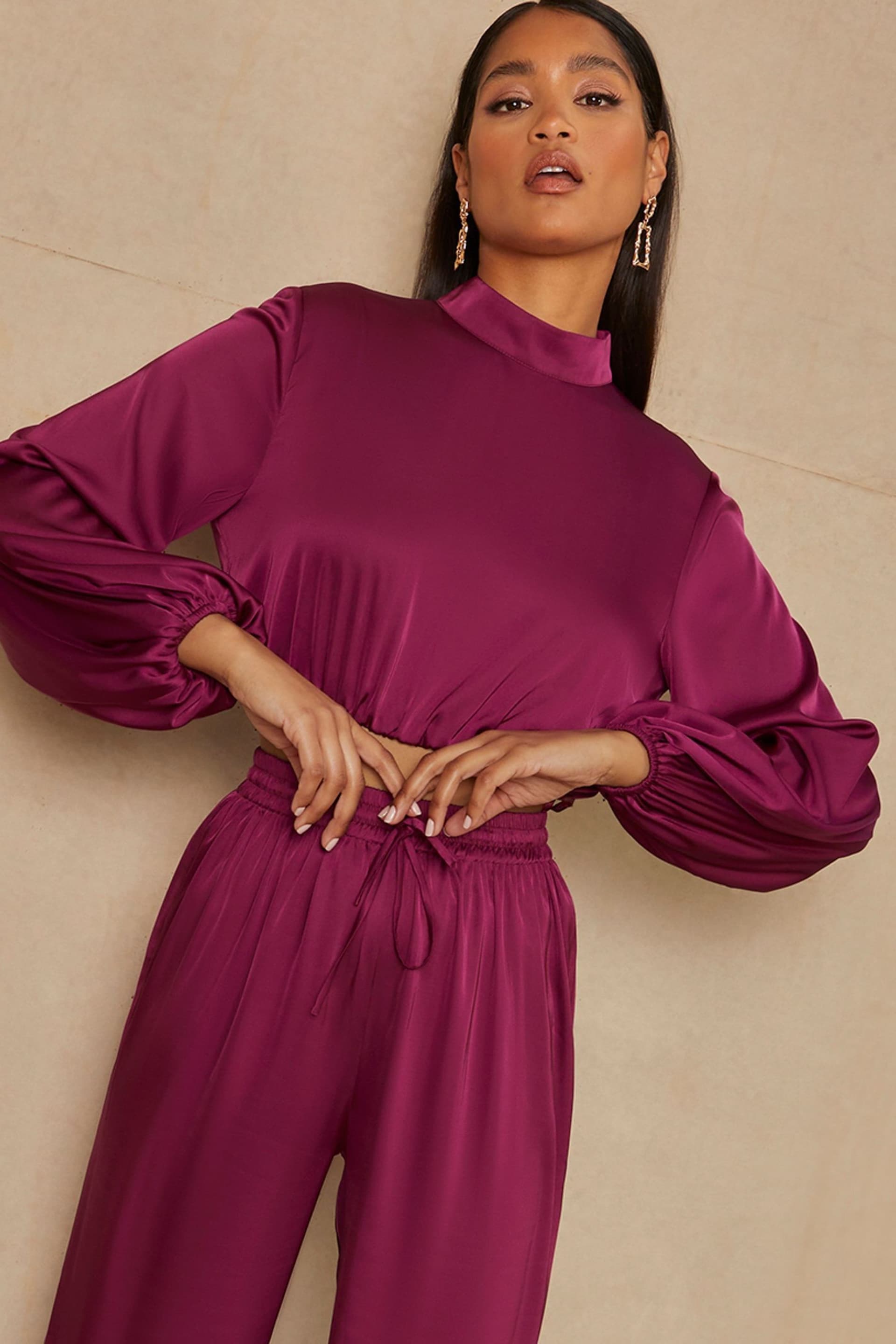 Chi Chi London Berry Red Long Sleeve High Neck Satin Top - Image 1 of 5