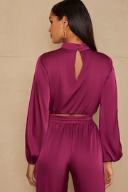 Chi Chi London Berry Red Long Sleeve High Neck Satin Top - Image 2 of 5
