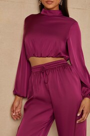 Chi Chi London Berry Red Long Sleeve High Neck Satin Top - Image 4 of 5