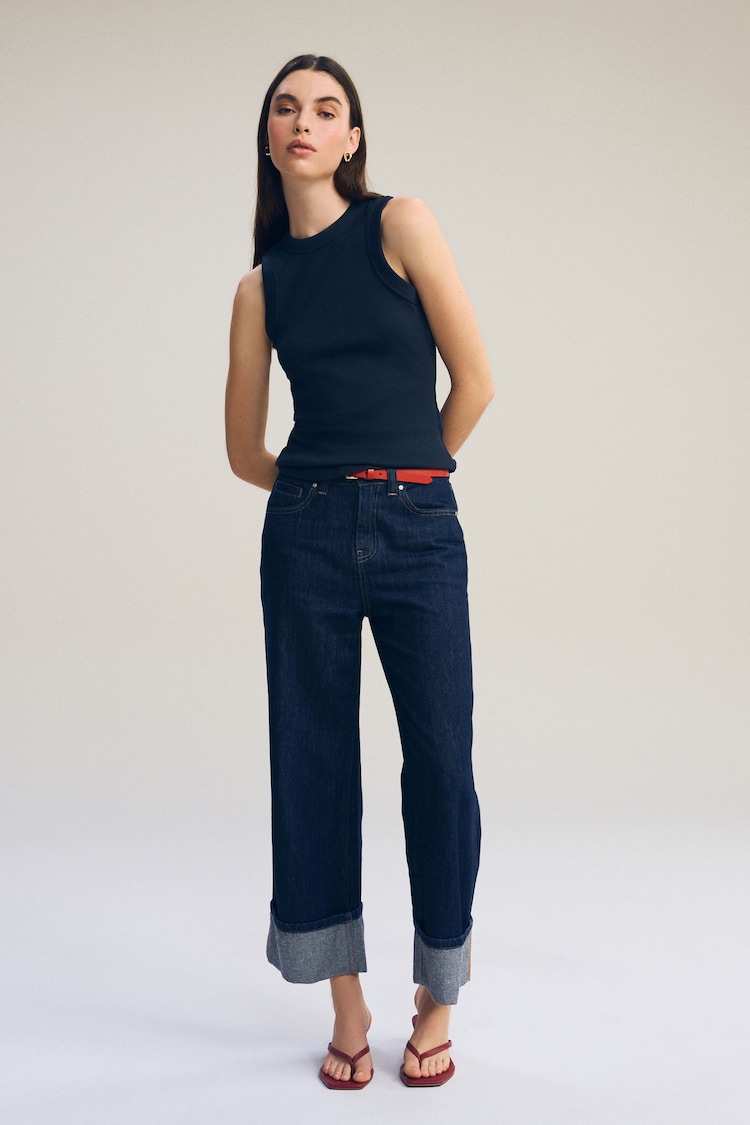 Navy Ribbed Racer Tank Vest Sleeveless Top - Image 2 of 6