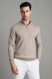 Reiss Wheat Melange Blackhall Merino Wool Half-Zip Funnel Neck Jumper - Image 1 of 6