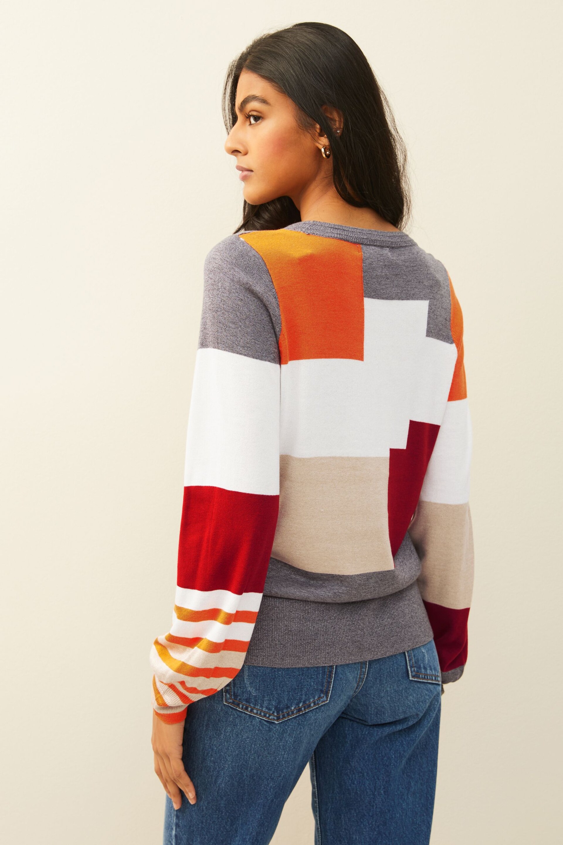 Grey/Orange Colourblock Round Neck Jumper - Image 3 of 6