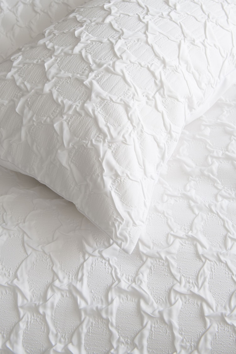 White Textured Embossed Square Pattern Bedding Duvet Cover and Pillowcase Set - Image 5 of 5