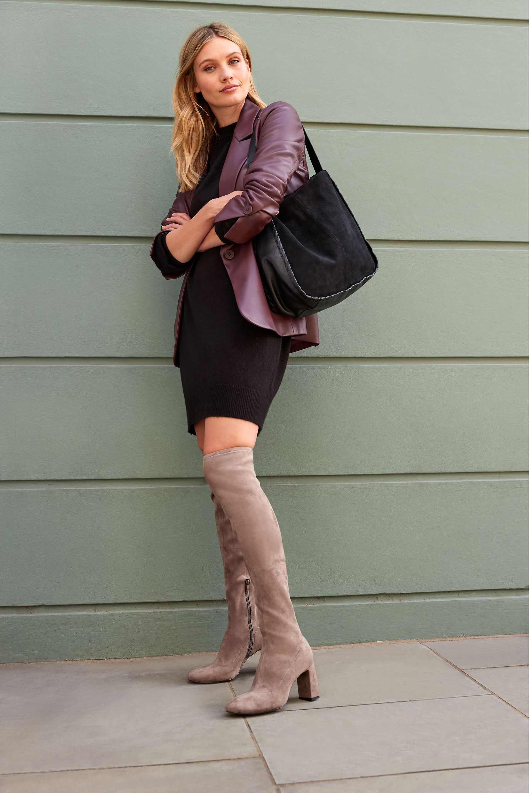 Buy Taupe Brown Round Toe Over The Knee Sock Boots from Next Luxembourg