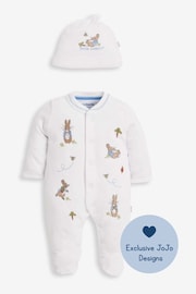 JoJo Maman Bébé White Peter Rabbit Cotton Embroidered Baby Sleepsuit & Hat Set - Image 1 of 7