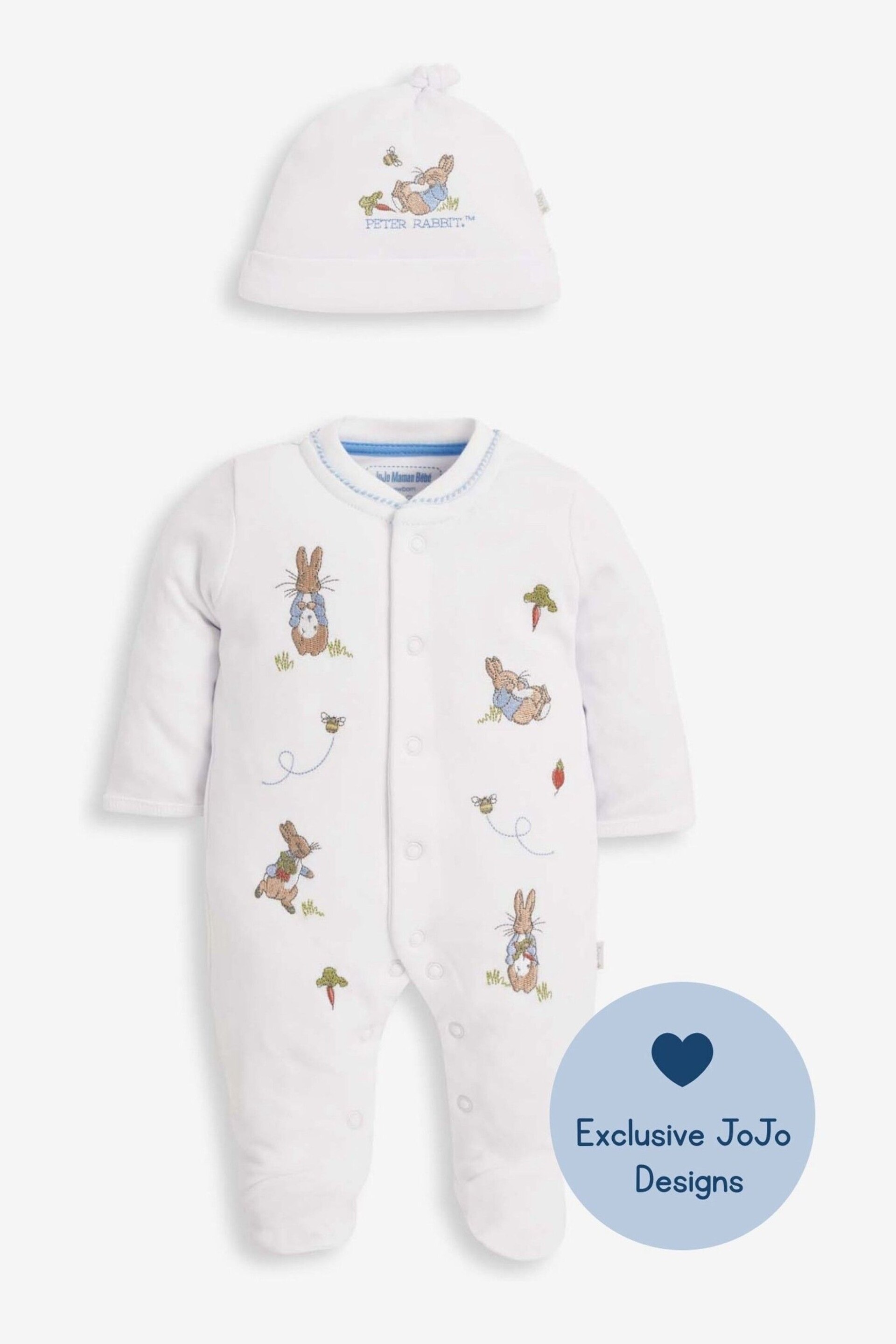 JoJo Maman Bébé White Peter Rabbit Cotton Embroidered Baby Sleepsuit & Hat Set - Image 1 of 7