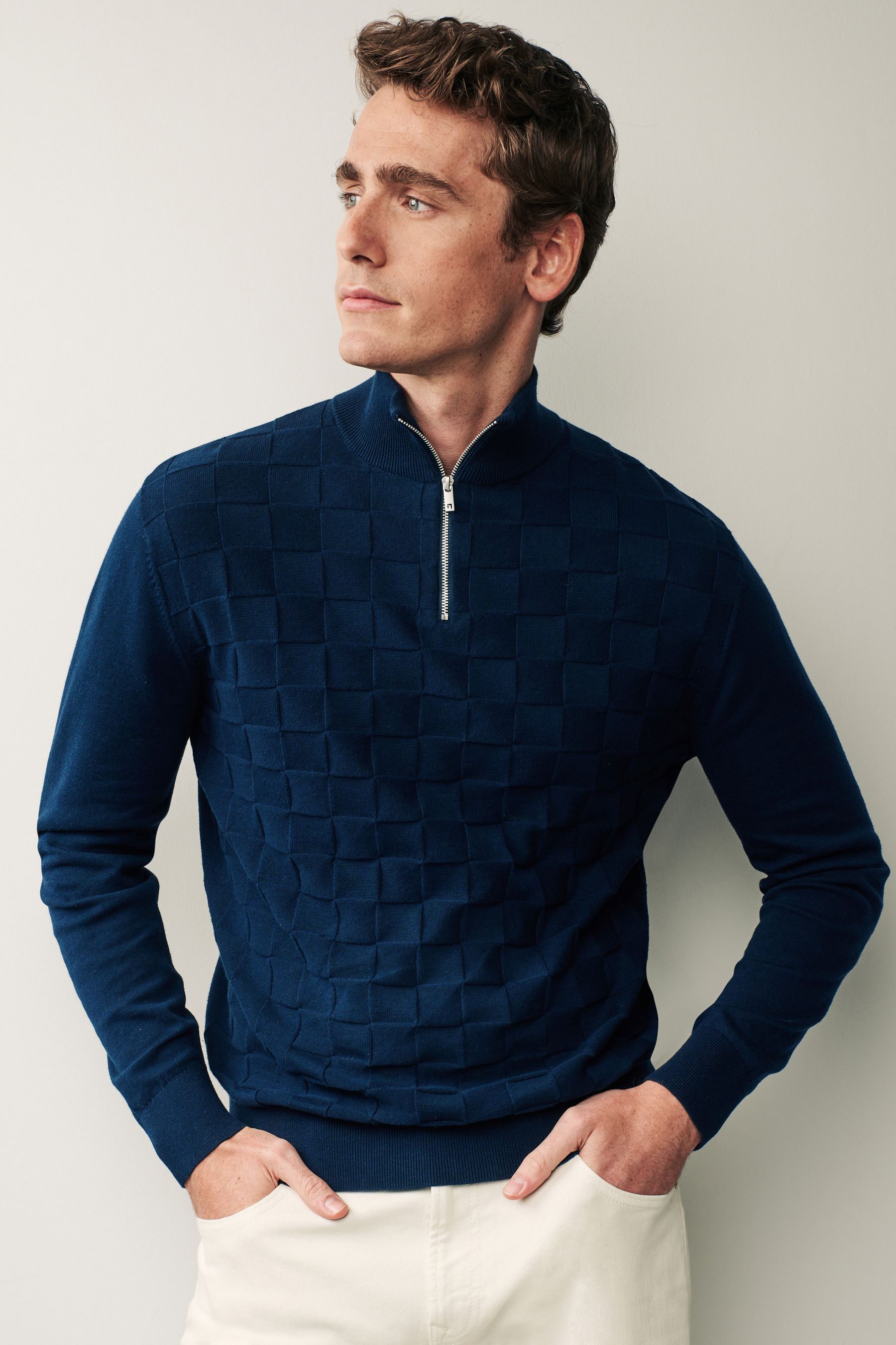 Buy Navy Blue Regular Square Textured Knitted Zip Neck Jumper from Next Luxembourg