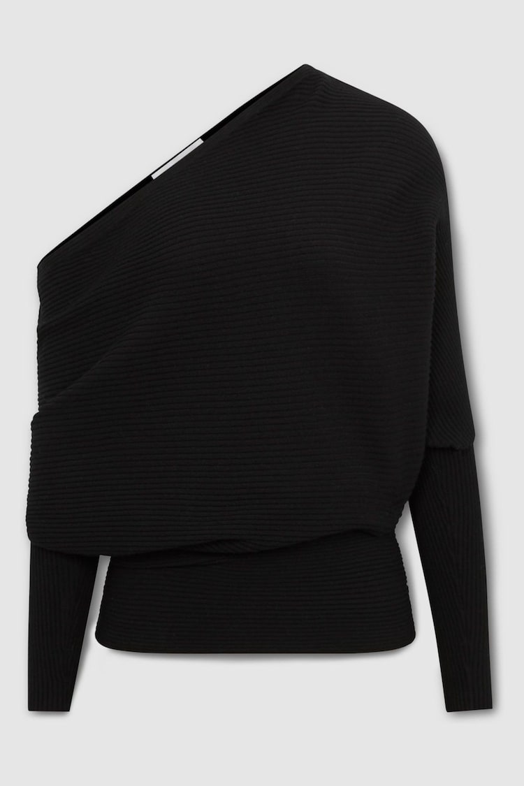 Reiss Black Lorna Asymmetric Draped Knitted Jumper - Image 2 of 5