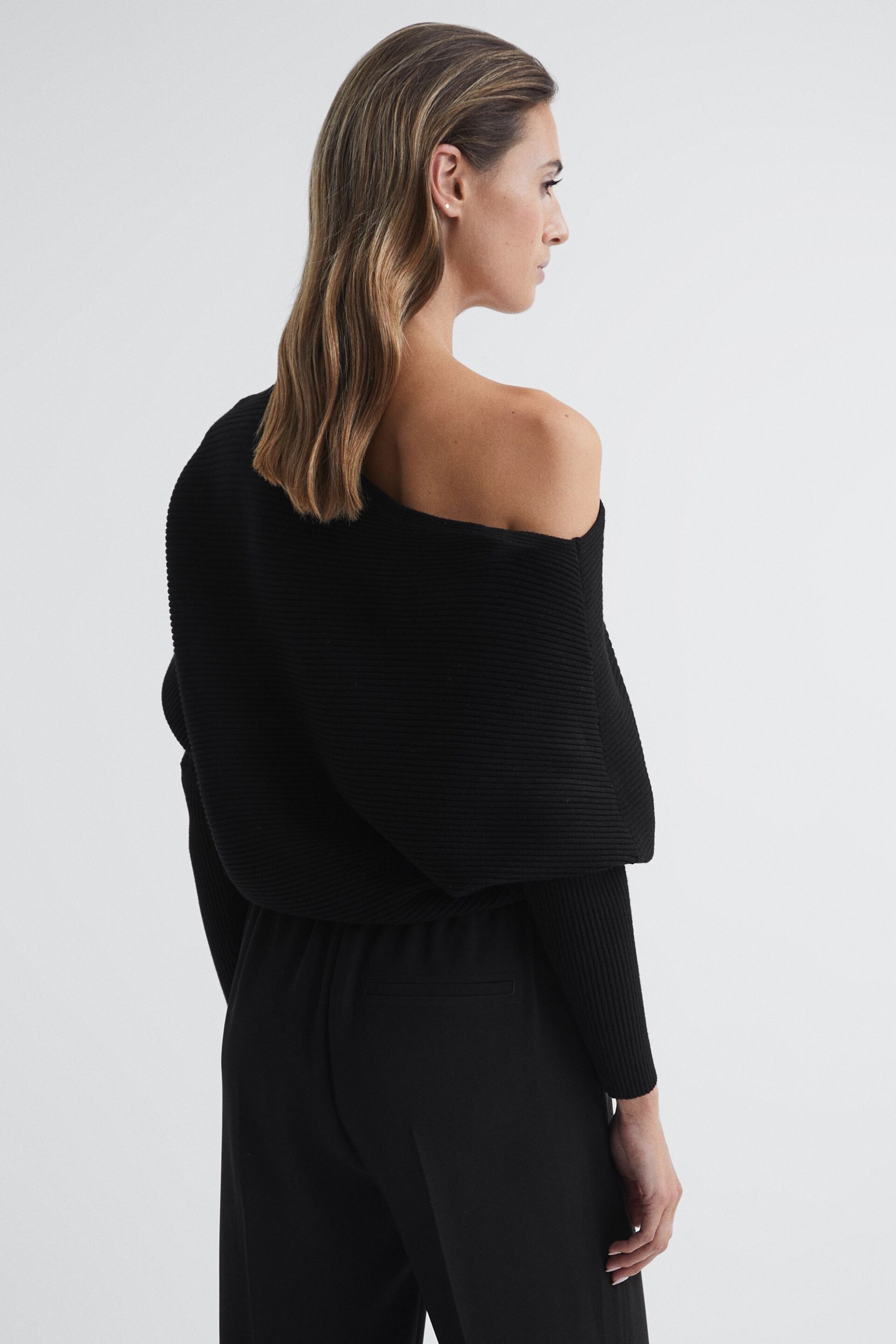 Reiss Black Lorna Asymmetric Drape Knitted Top - Image 5 of 5