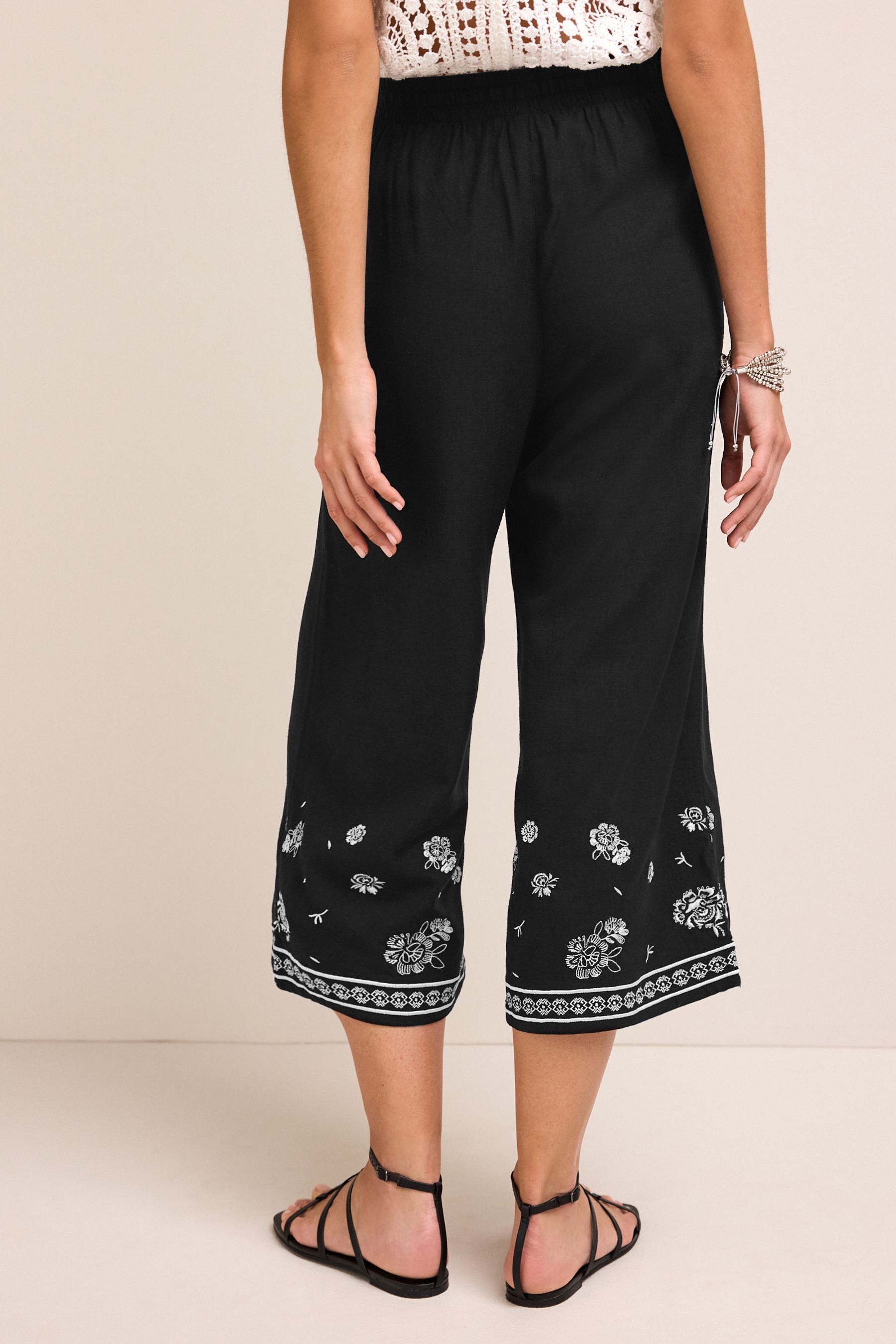 Buy Black Linen Mix Embroidery Culotte Trousers from Next Luxembourg