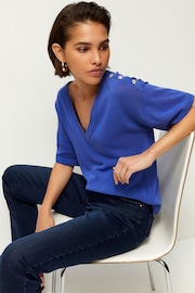 Bright Blue V-Neck Gem Button Linen T-Shirt - Image 2 of 7