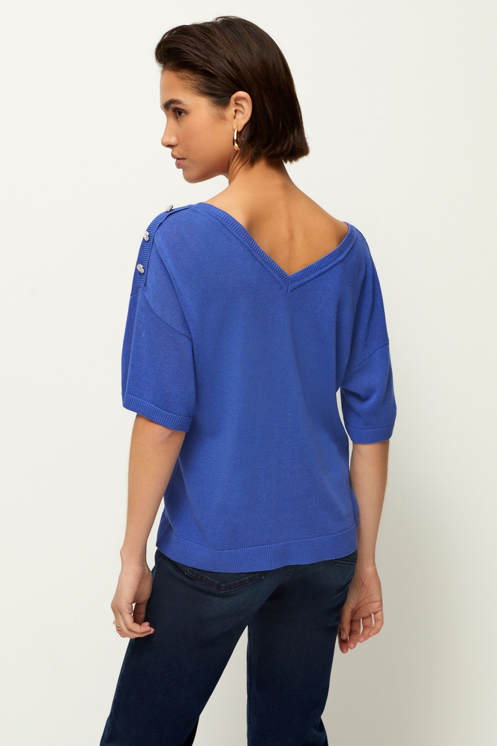 Bright Blue V-Neck Gem Button Linen T-Shirt - Image 3 of 7