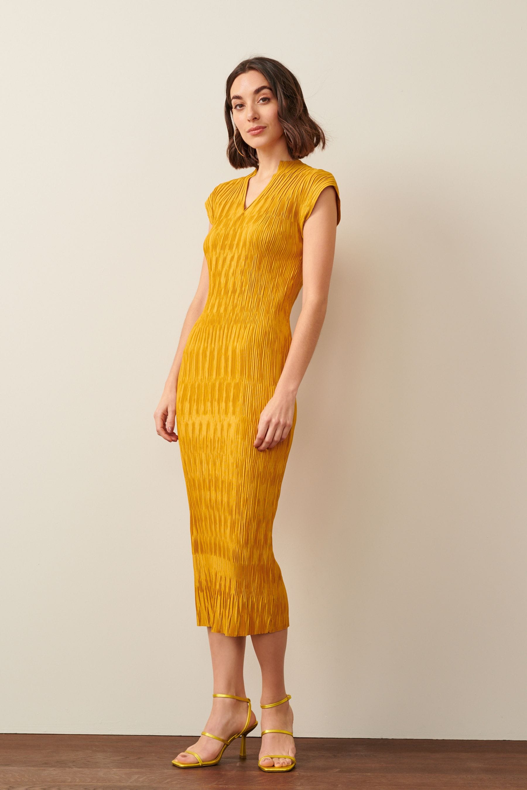 Buy Ochre Yellow Short Sleeve Plisse Midi Dress from Next Luxembourg