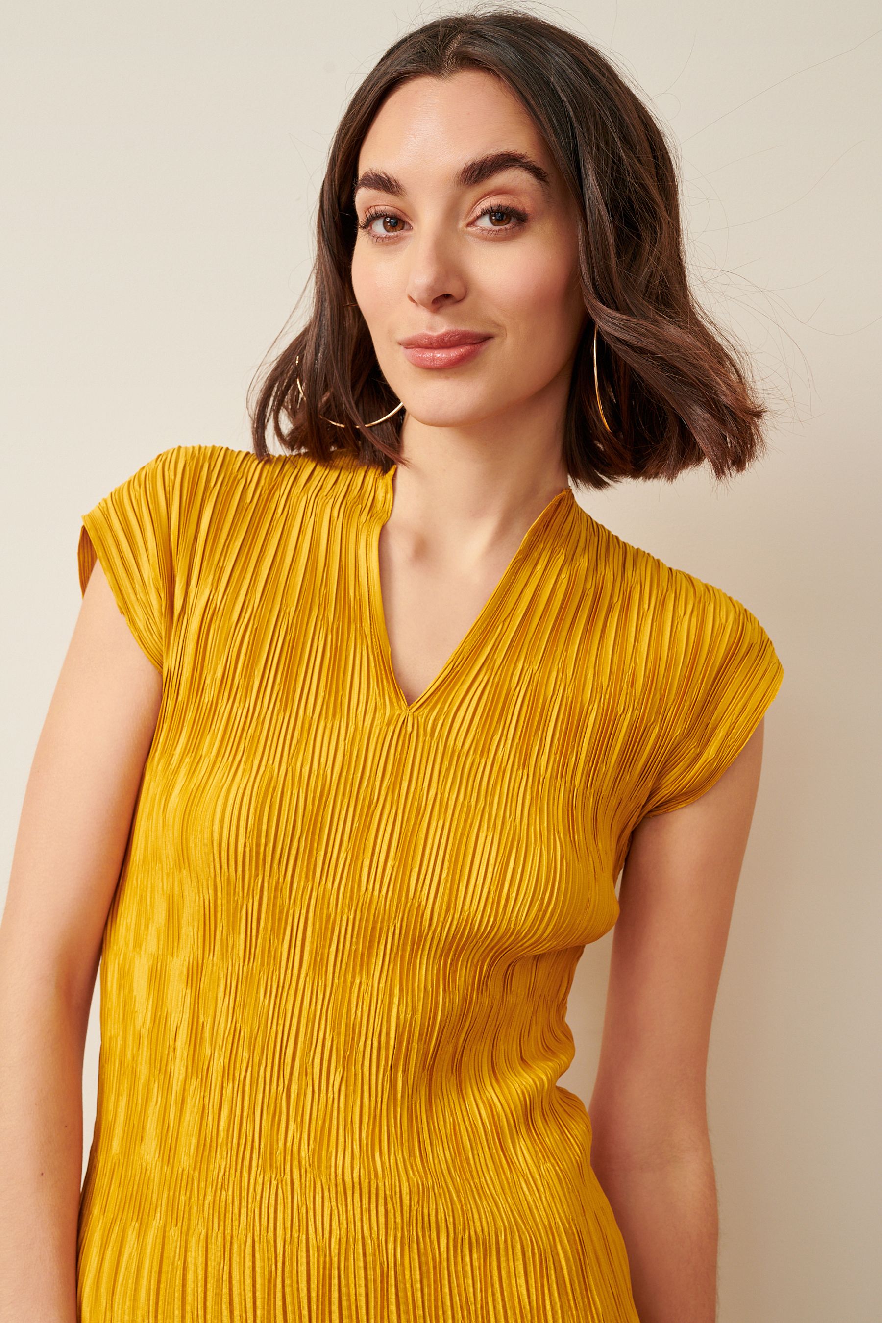 Buy Ochre Yellow Short Sleeve Plisse Midi Dress from Next Luxembourg