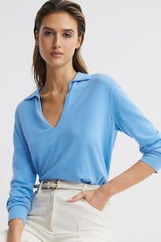 Reiss Blue Nellie Knitted Collared V-Neck Top - Image 1 of 6