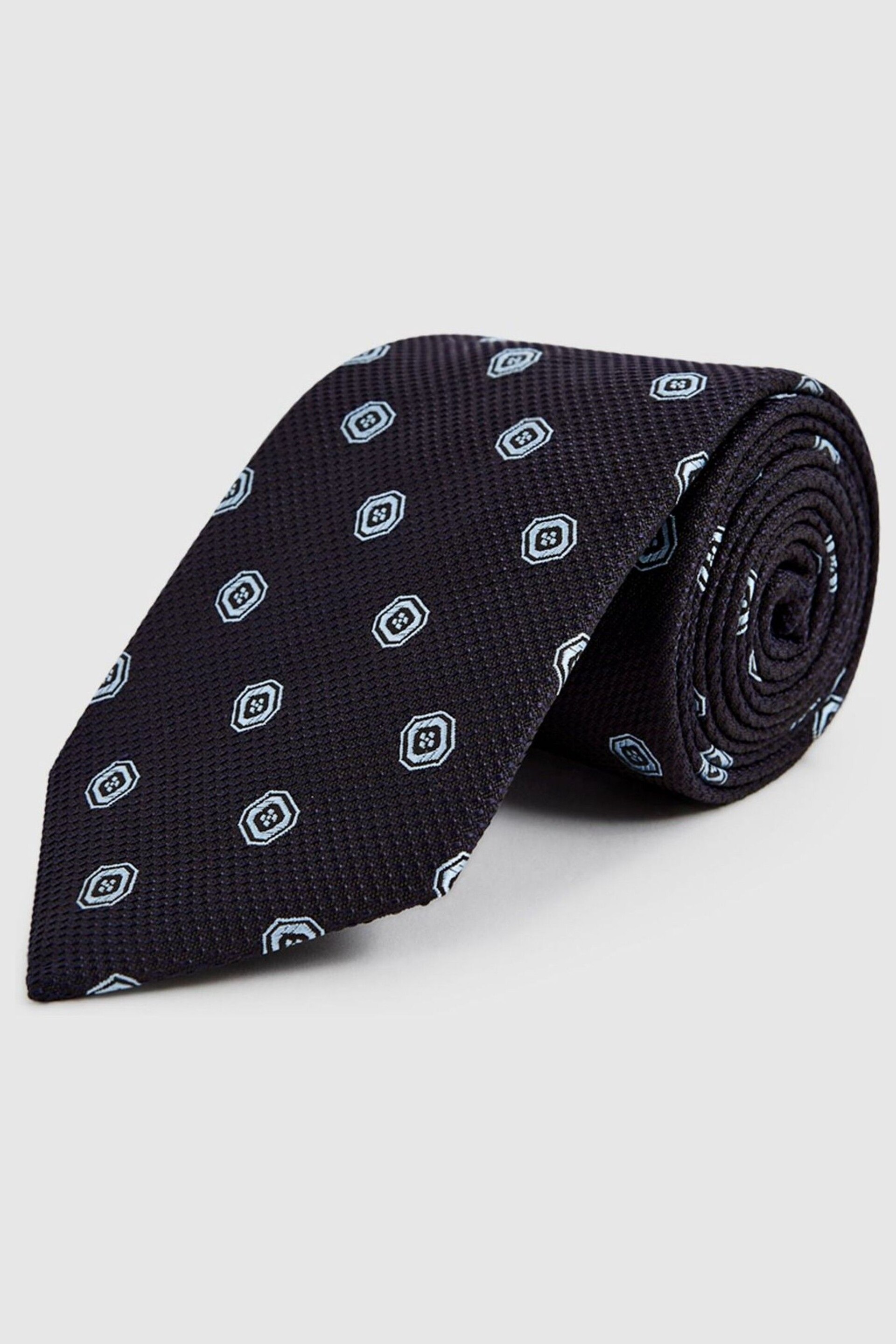 Reiss Navy Rock Medallion Jacquard Print Silk Tie - Image 1 of 6