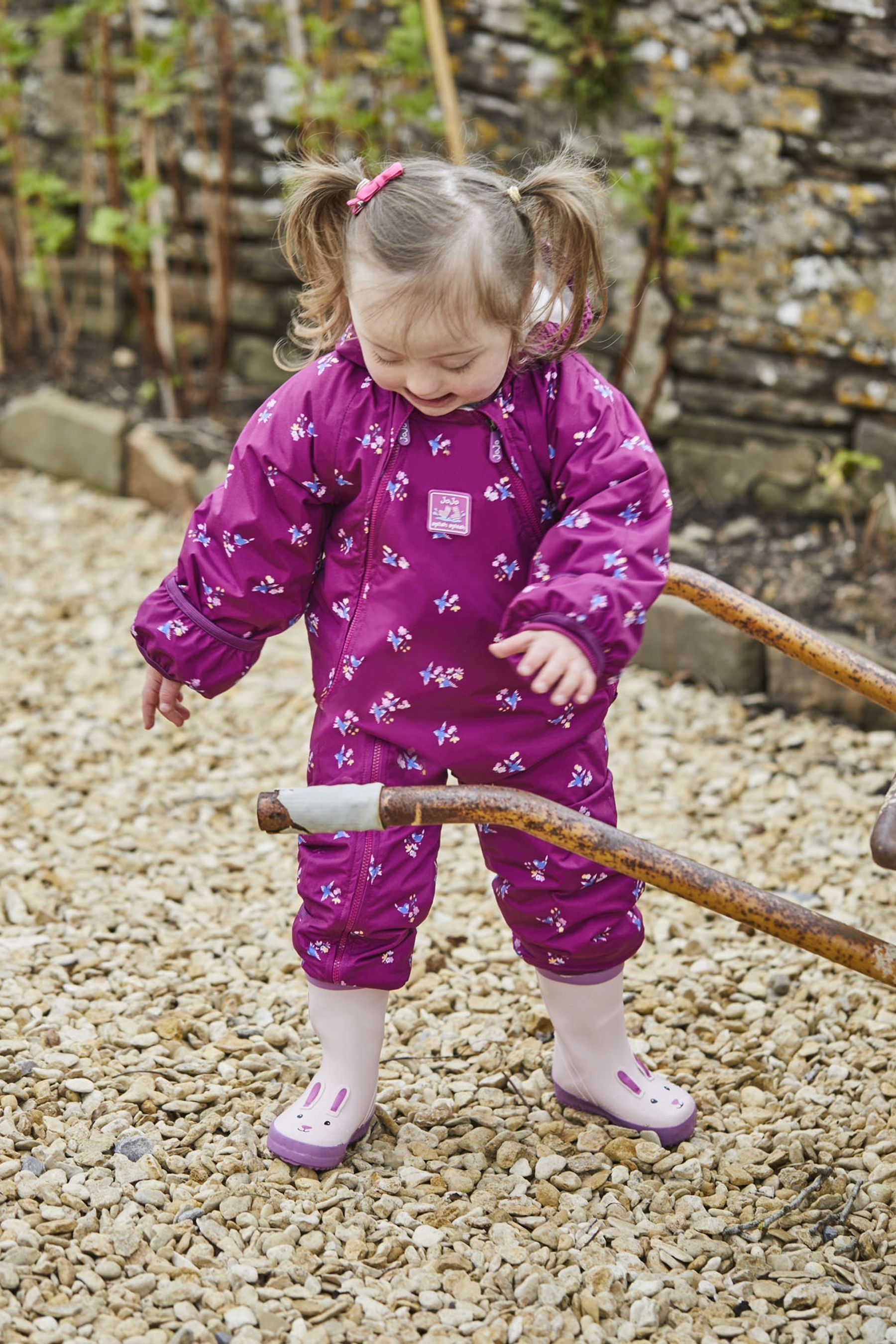 JoJo Maman Bebe Purple Bird Waterproof Fleece Lined Puddle Suit