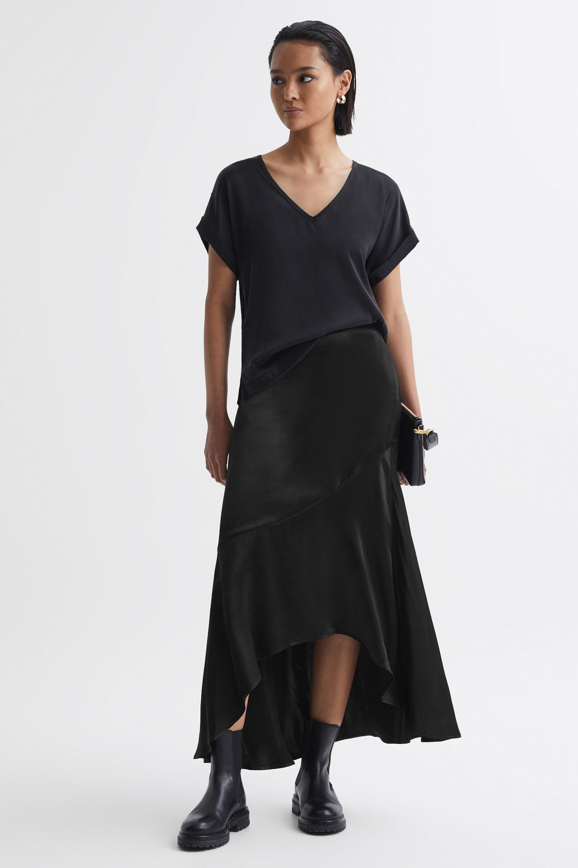 Reiss Black Inga Satin High Rise Midi Skirt - Image 3 of 6