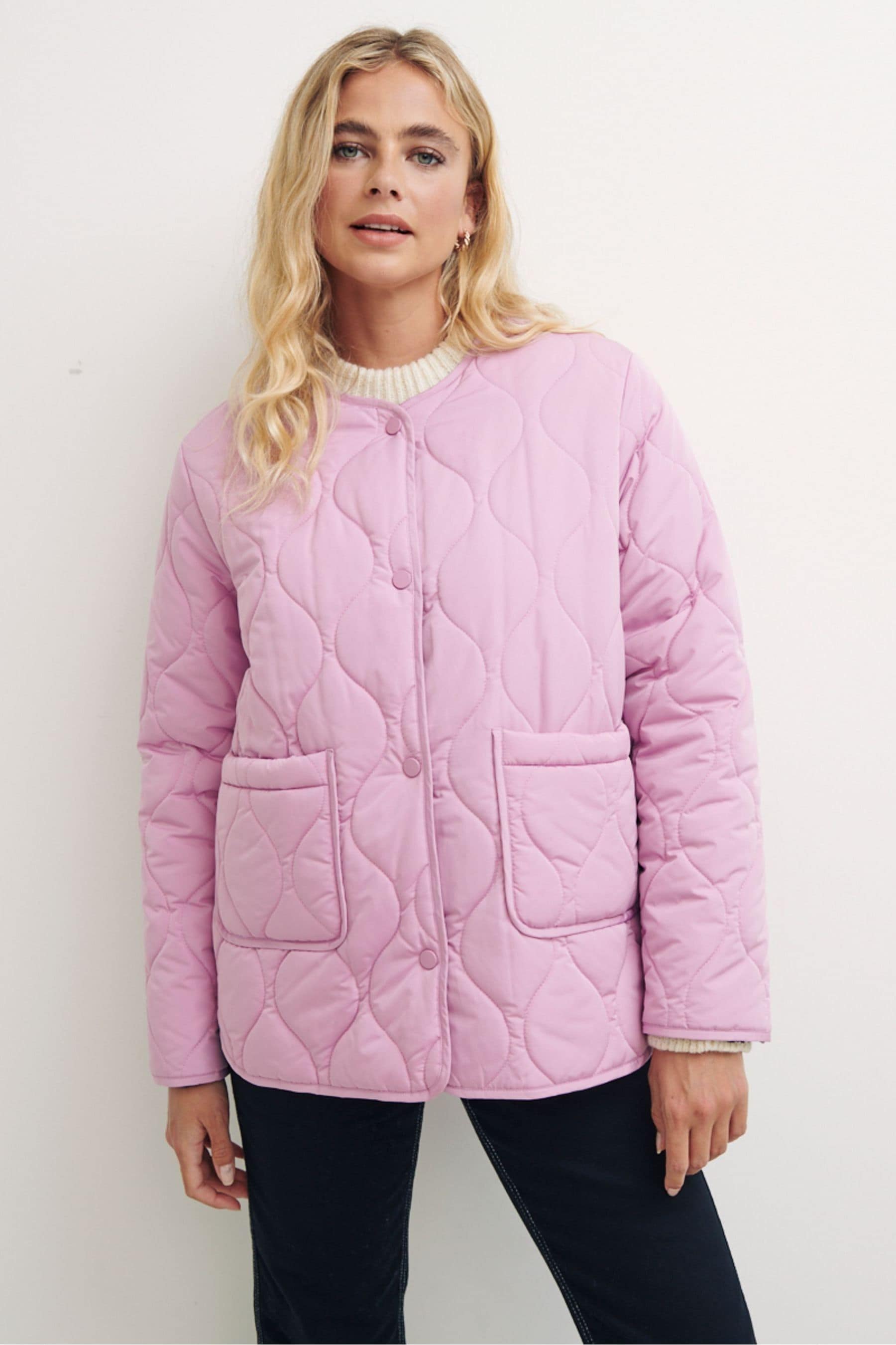 Collarless quilted jacket best sale