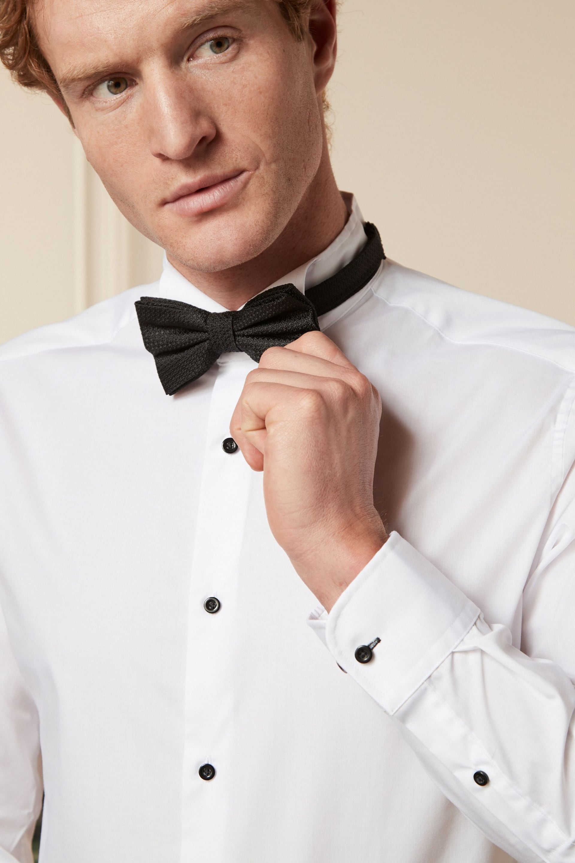 White Slim Fit Double Cuff Dress Shirt and Bow Tie Set - Image 5 of 6