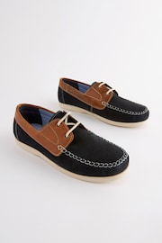 Tan Brown/Navy Blue Leather Boat Shoes - Image 1 of 6