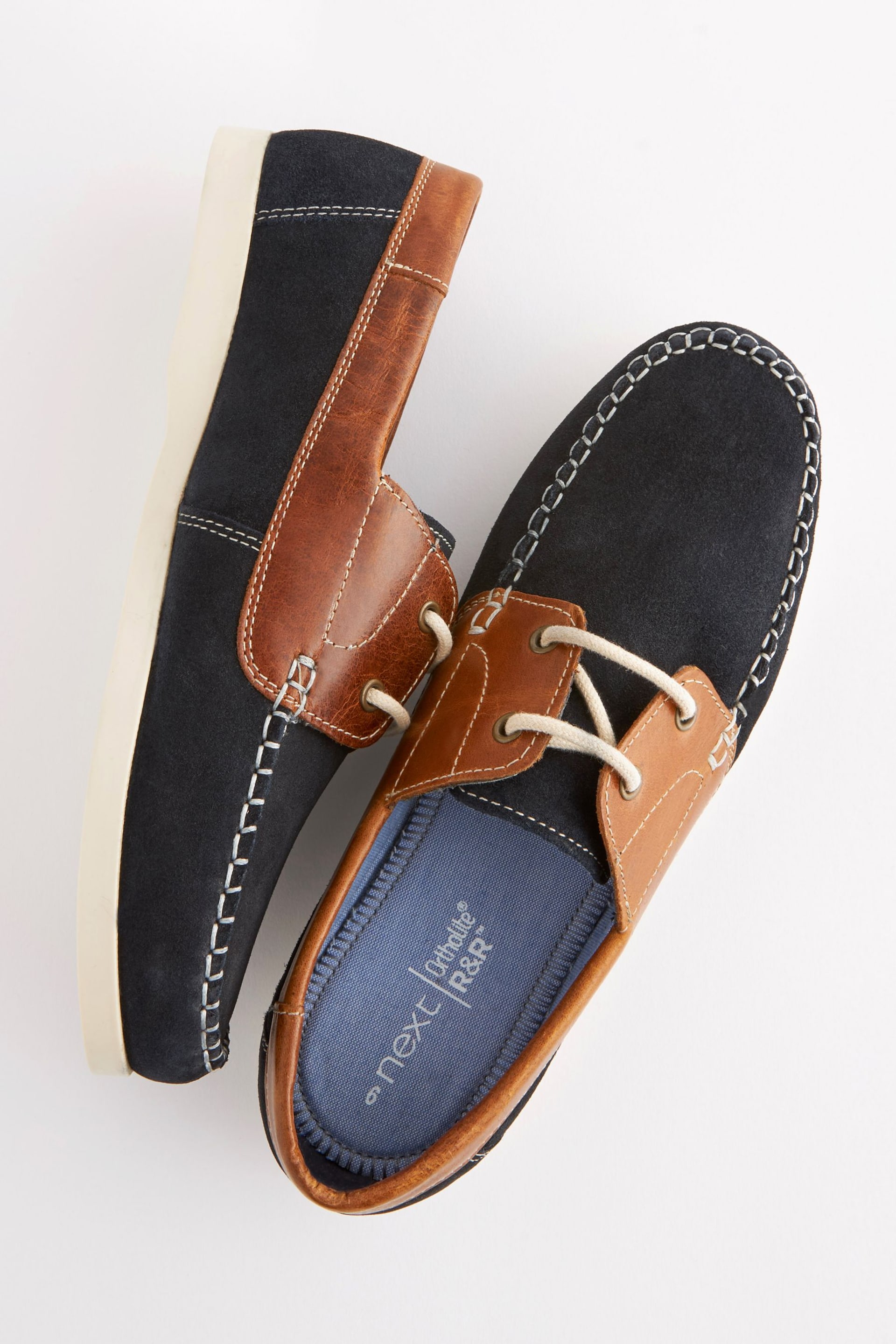 Tan Brown/Navy Blue Leather Boat Shoes - Image 3 of 6