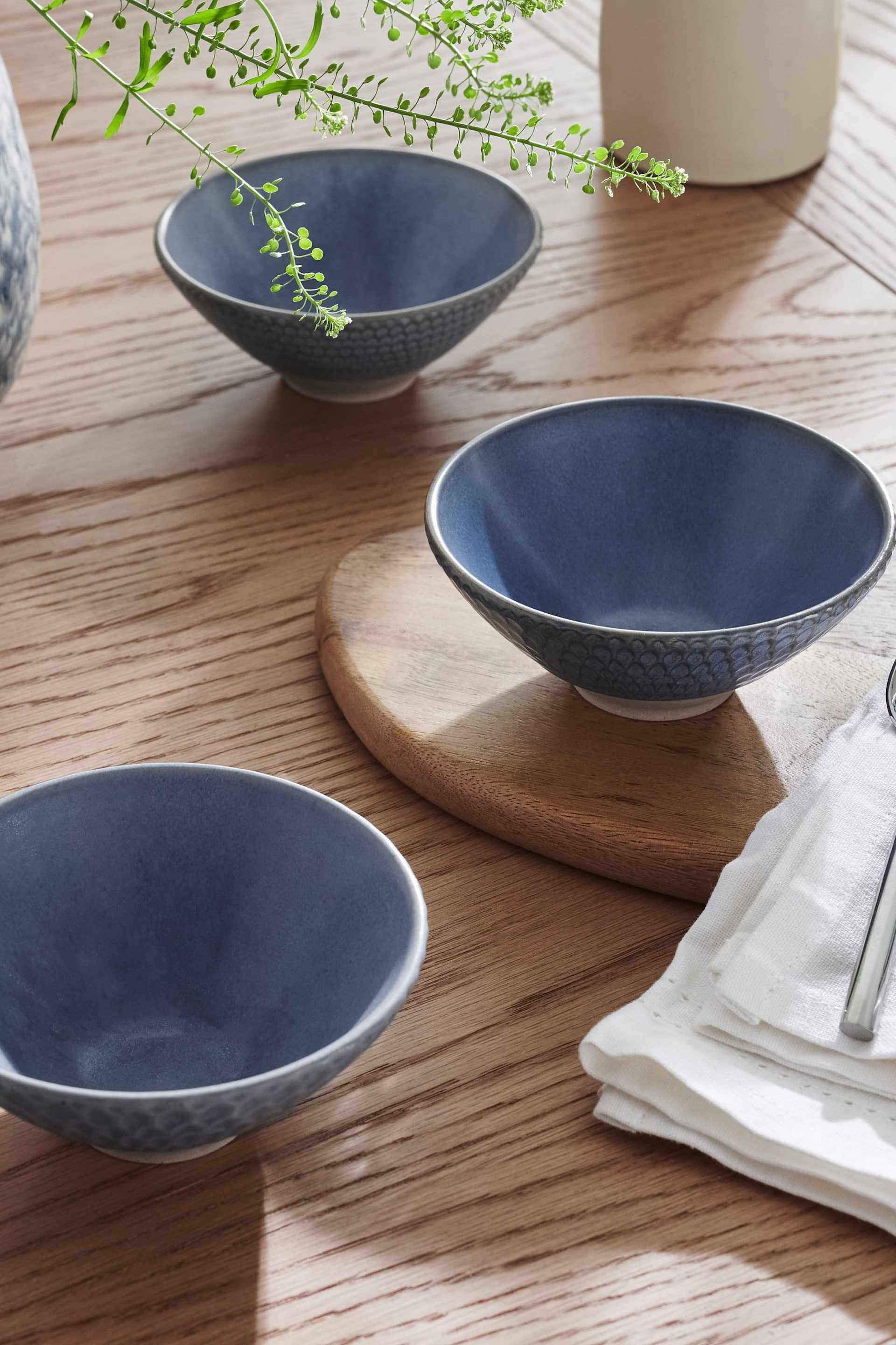 Set of 3 Blue Reactive Glaze Nibble and Dip Bowls - Image 1 of 6