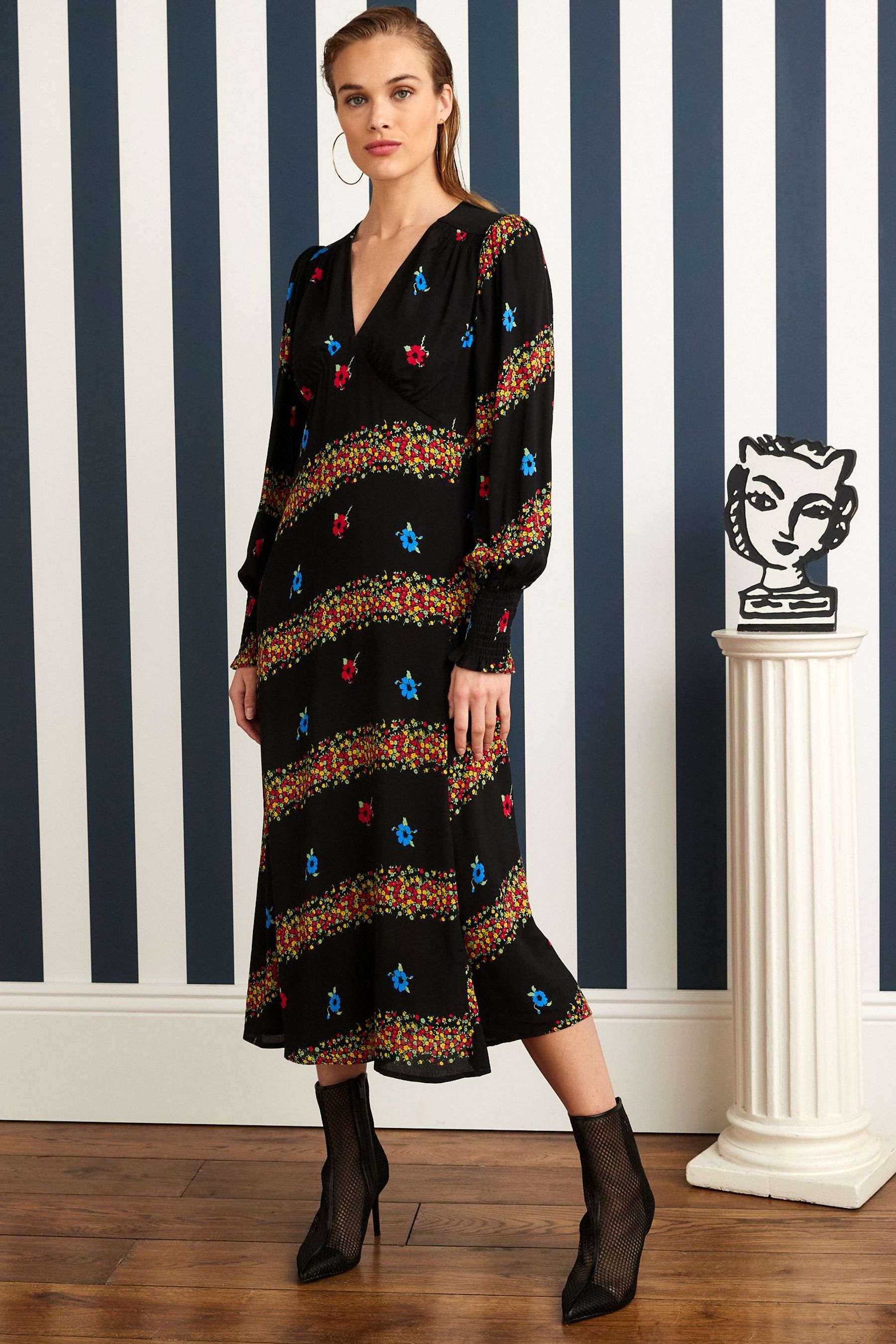 Buy Black Floral Celia Birtwell Long Sleeve Midi Dress from Next Luxembourg