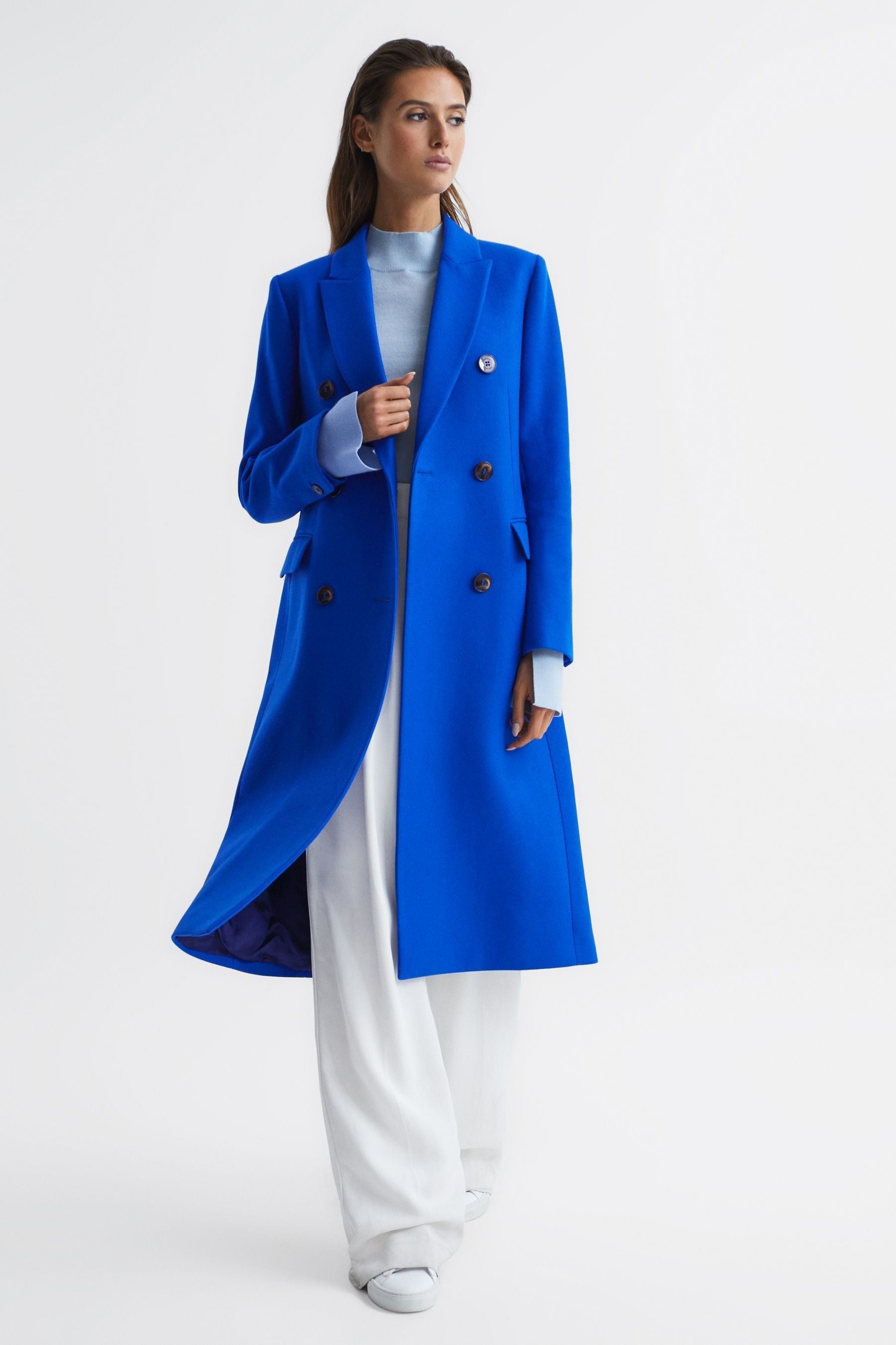 Buy Reiss Bright Blue Darla Longline Double Breasted Formal Coat from Next Luxembourg