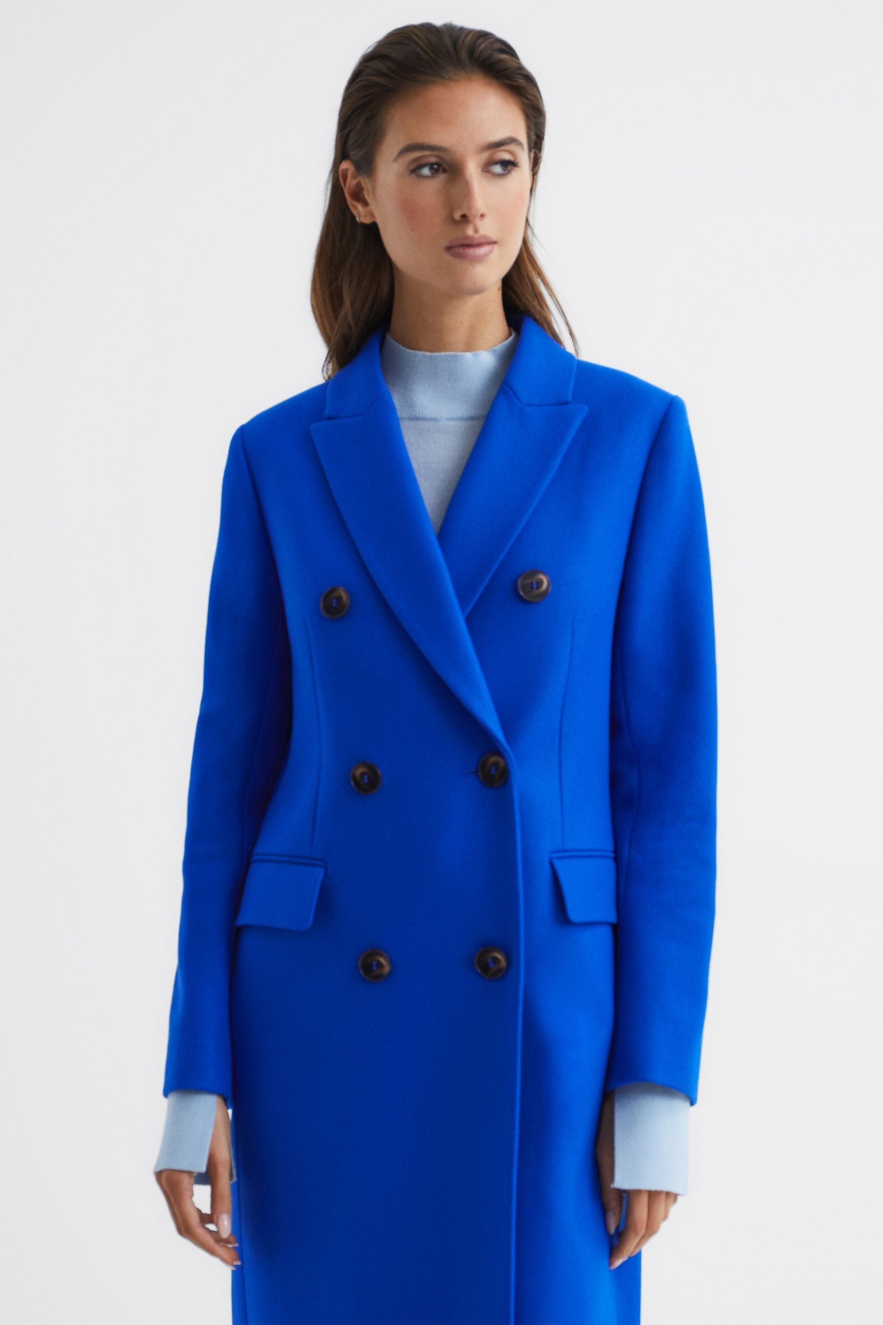 Buy Reiss Bright Blue Darla Longline Double Breasted Formal Coat from Next Luxembourg