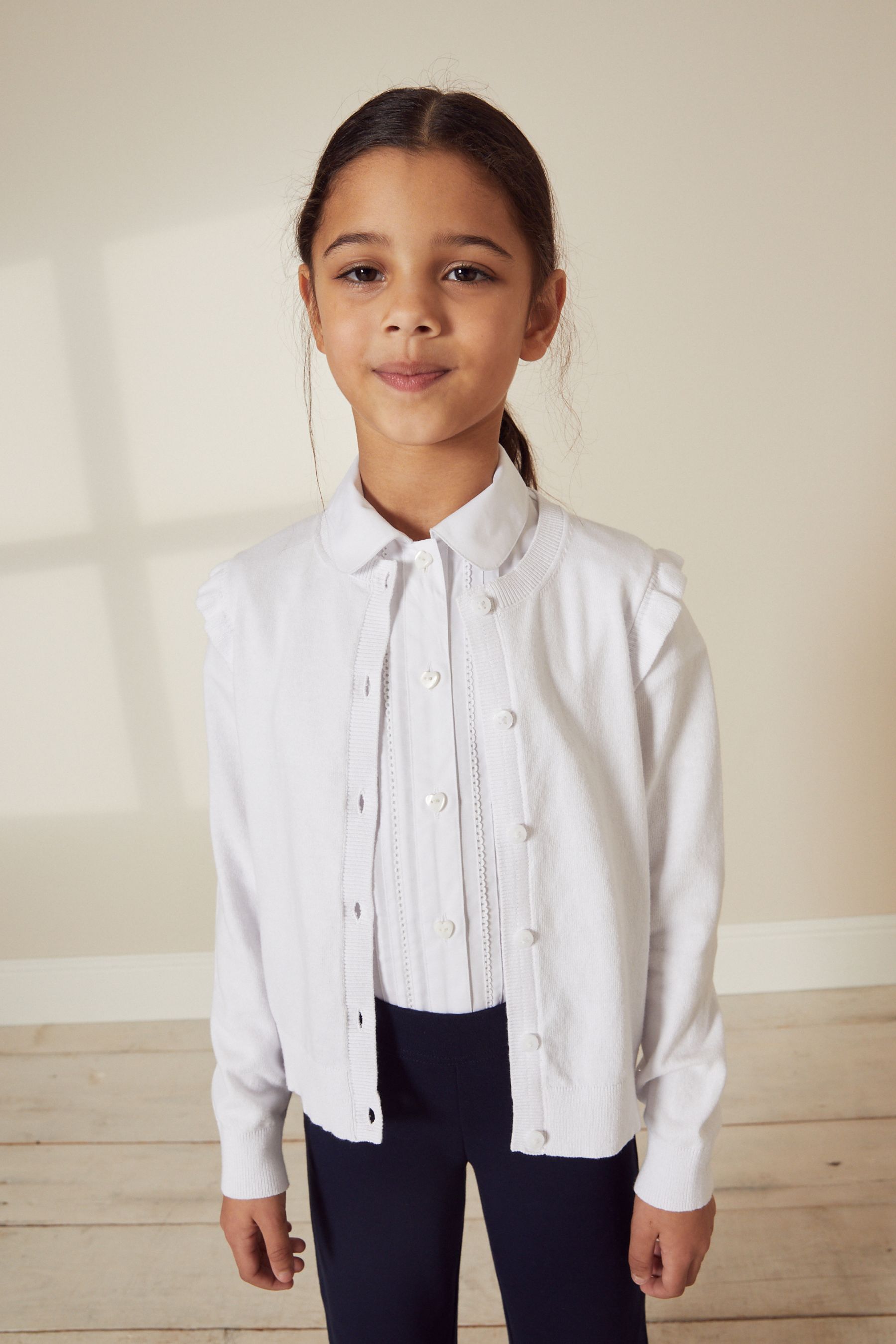 White Cotton Rich Frill Shoulder School Cardigan 3 16yrs