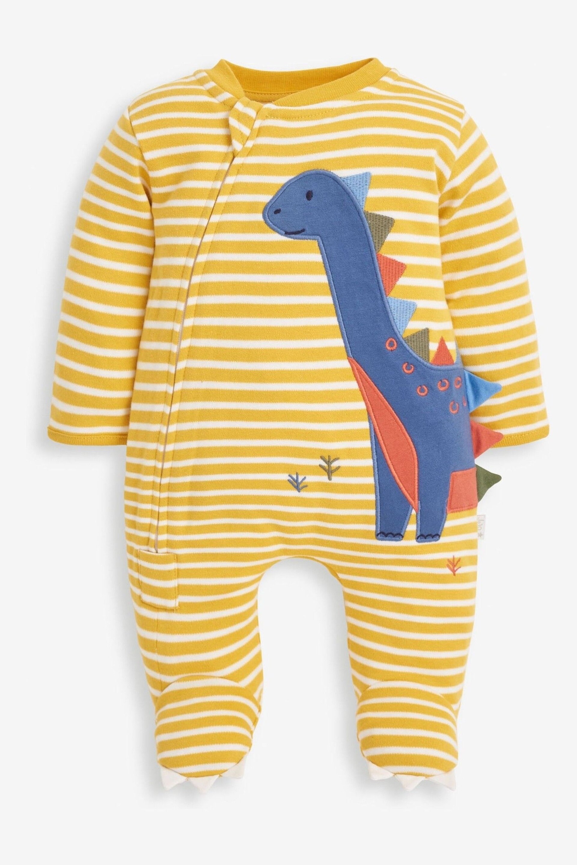 JoJo Maman Bébé Mustard Dinosaur Appliqué Zip Sleepsuit - Image 4 of 5