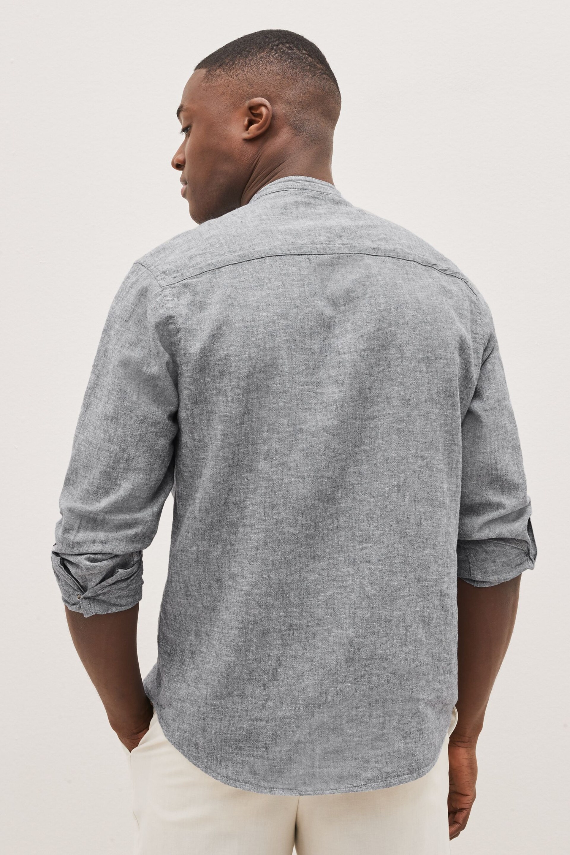 Grey Grandad Collar Linen Blend Long Sleeve Shirt - Image 2 of 6