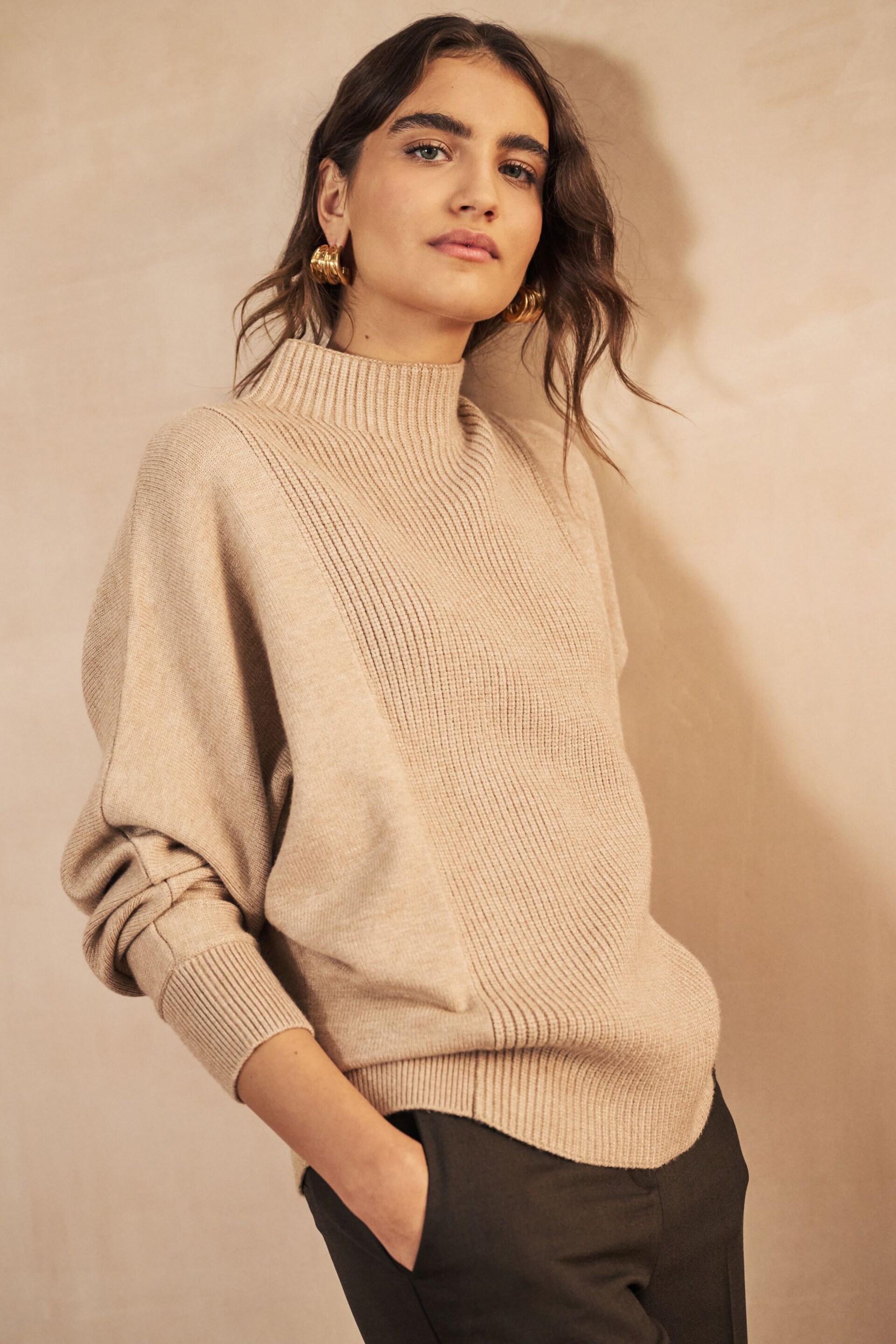 Camel Brown Stand Neck Rib Mix Jumper - Image 1 of 6