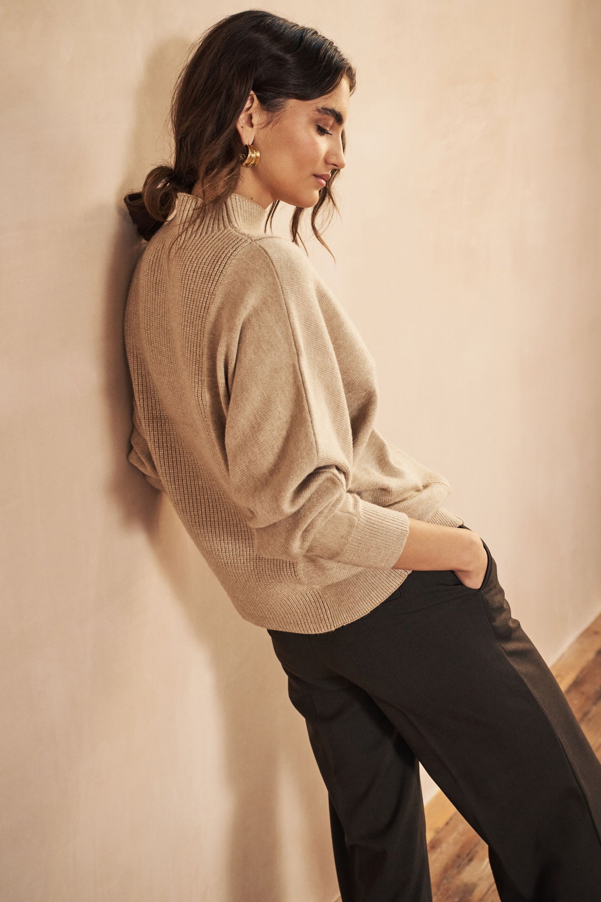 Camel Brown Stand Neck Rib Mix Jumper - Image 3 of 6
