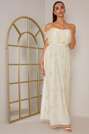 Chi Chi London Cream Bardot Embroidered Floral Dobby Lace Maxi Dress - Image 1 of 5