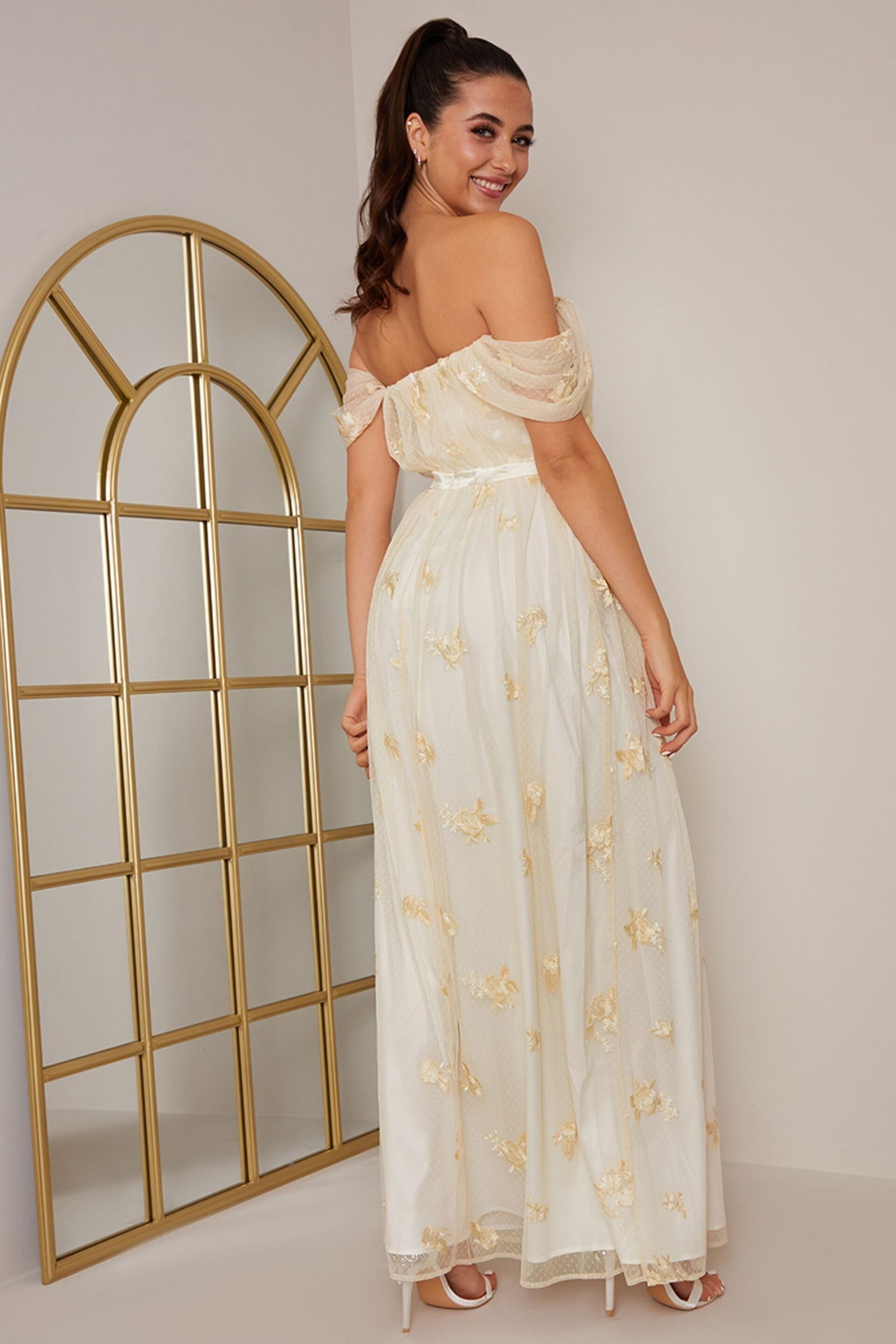 Chi Chi London Cream Bardot Embroidered Floral Dobby Lace Maxi Dress - Image 2 of 5