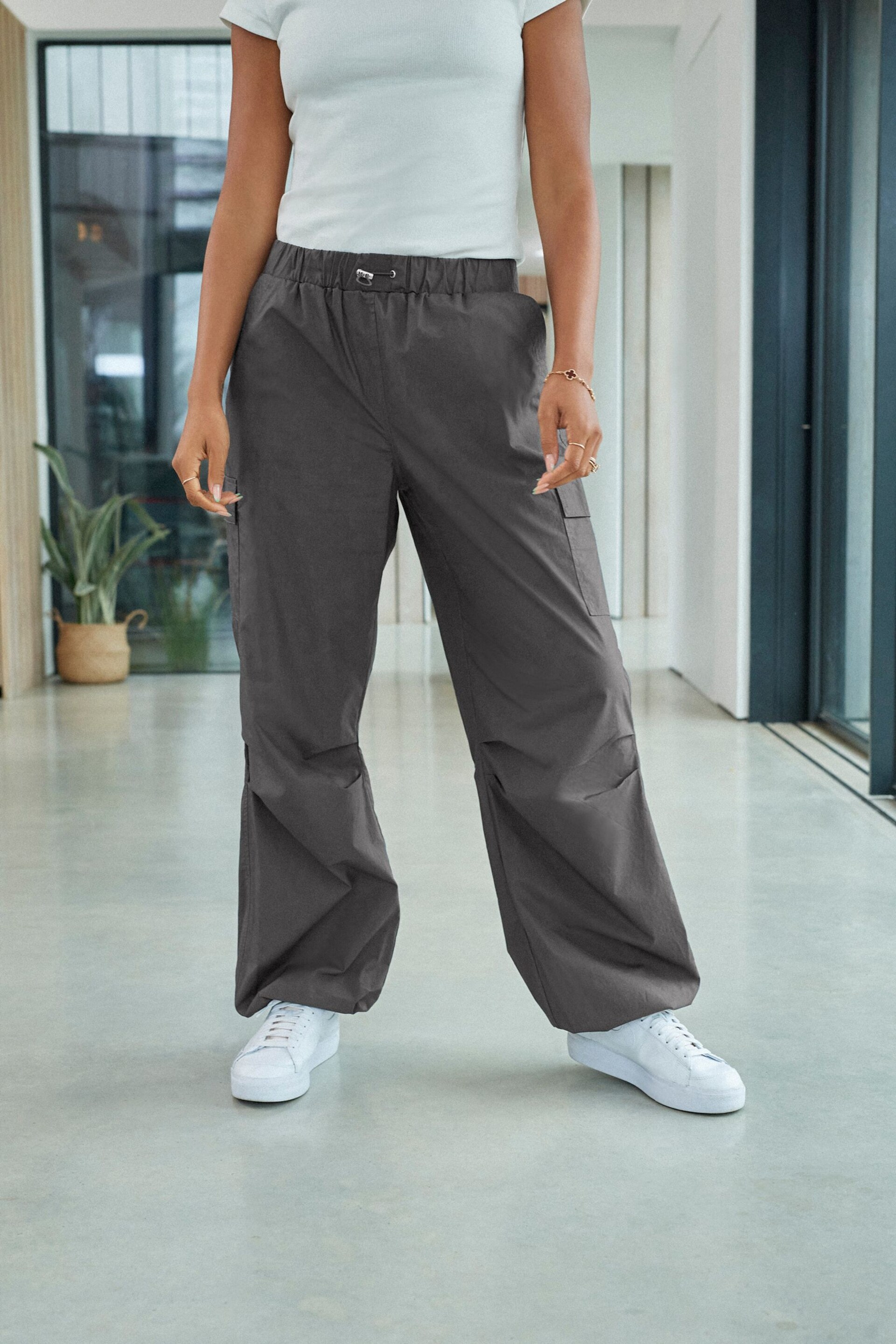 Charcoal Grey Parachute Cotton Cargo Trousers - Image 2 of 5