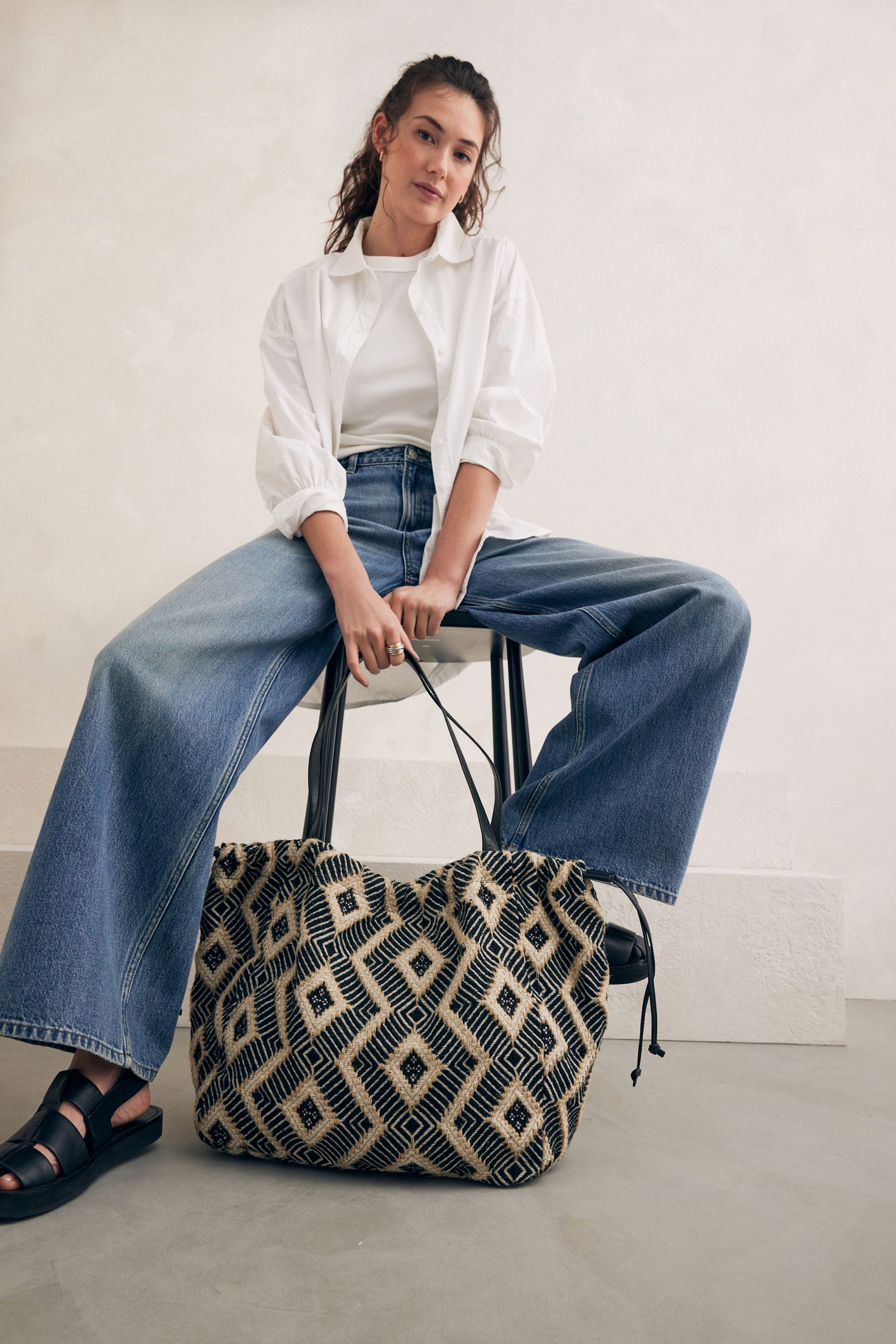Buy Black White Monochrome Jacquard Beach Bag from Next Ireland