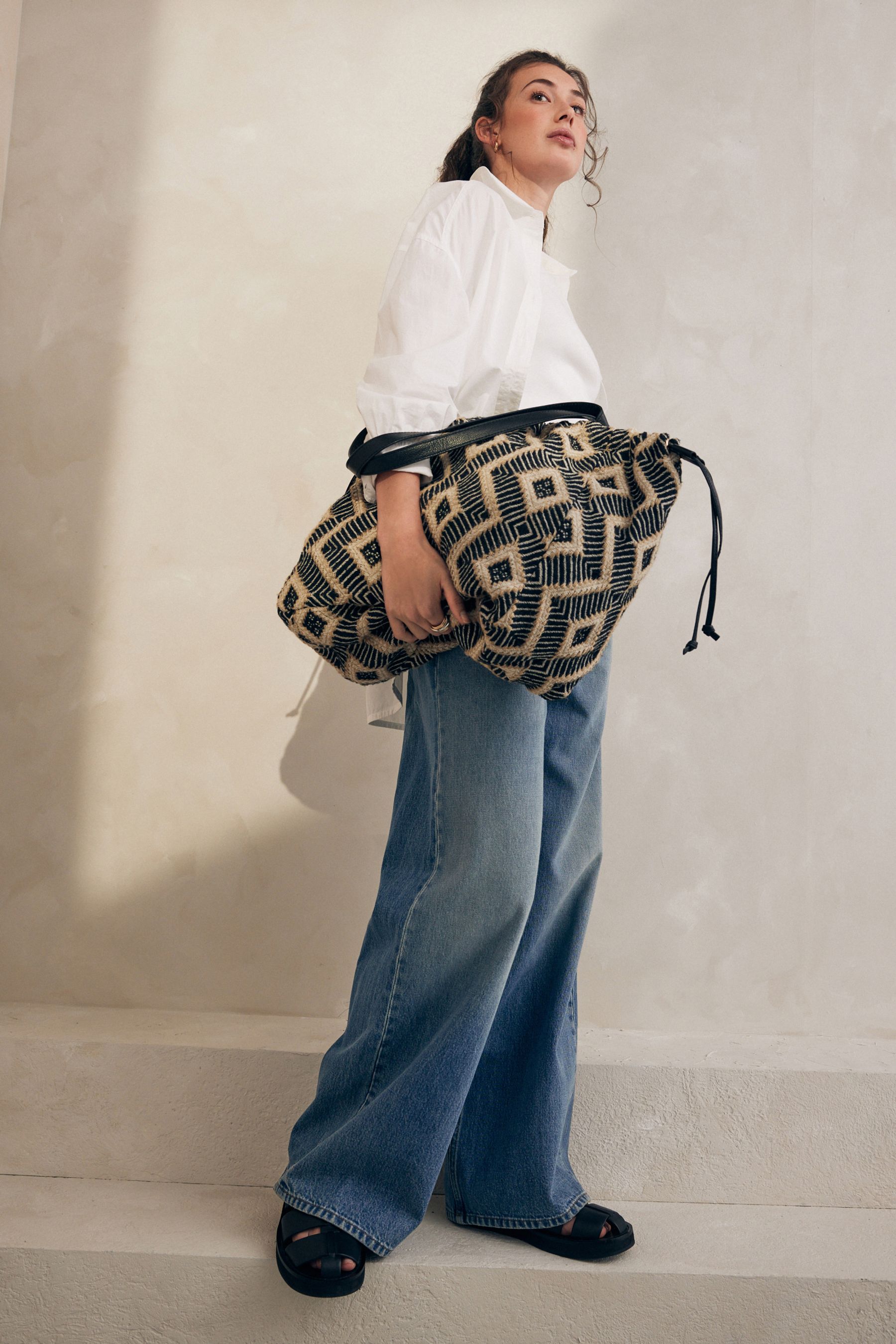 Buy Black White Monochrome Jacquard Beach Bag from Next Ireland