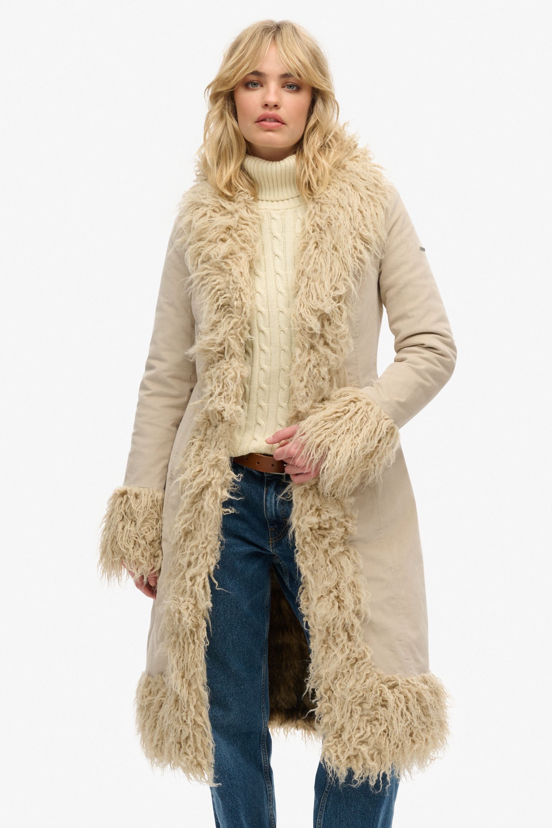 Buy Superdry Cream Faux Fur Lined Longline Afghan Coat from Next Pakistan