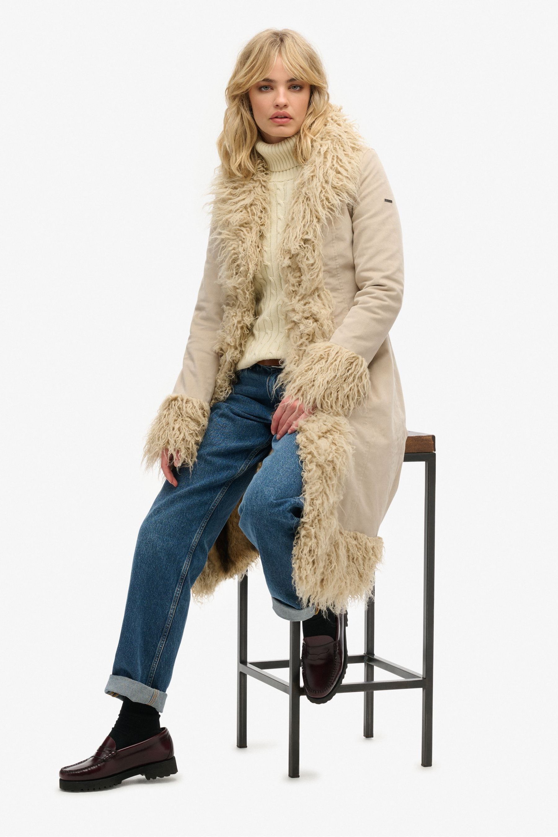 Cream longline faux fur coat top