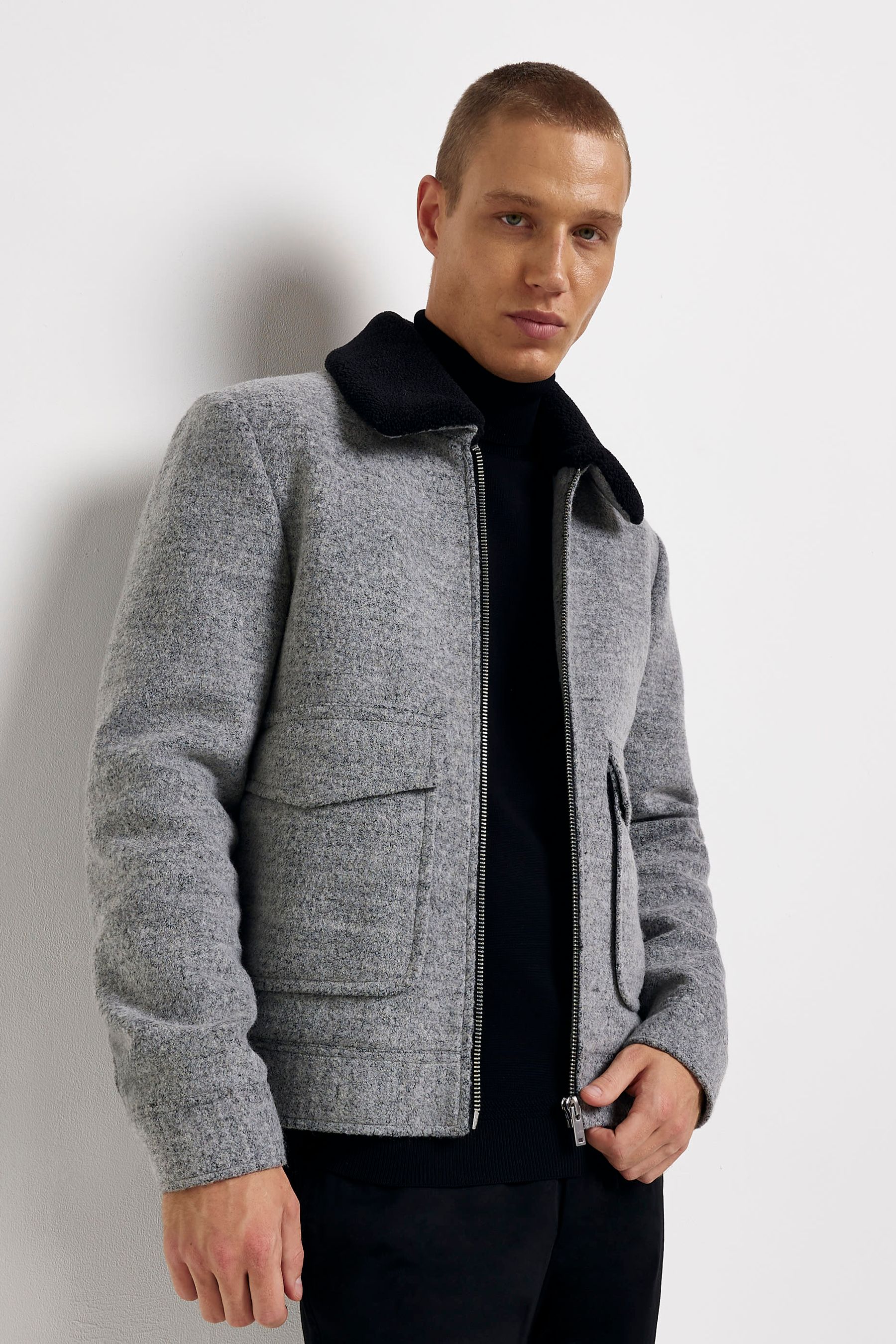 Buy River Island Grey 100 Cotton Borg Collared Jacket from the Next UK online shop